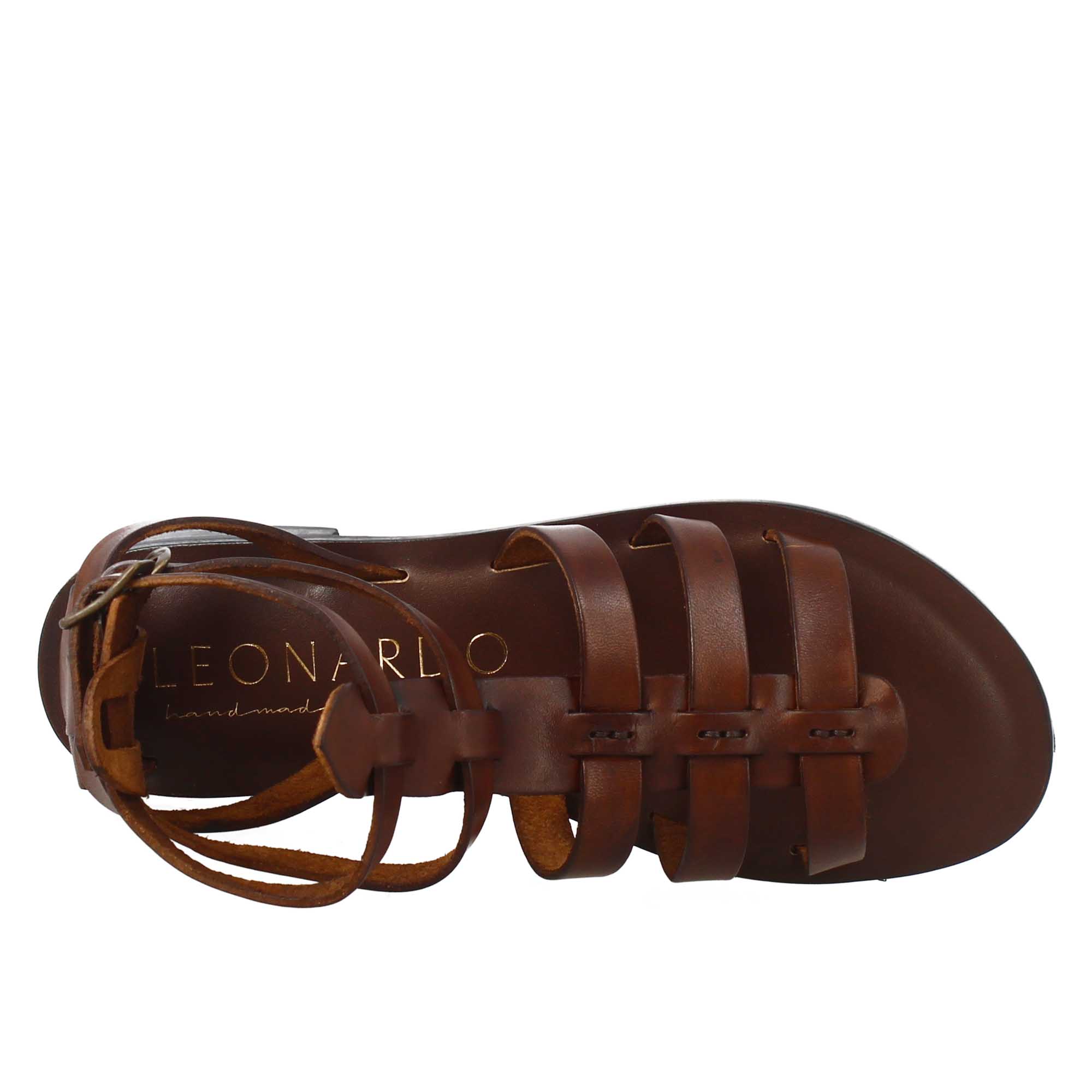Sandali alla caviglia da donna stile romano in pelle marrone - LeonardoShoes