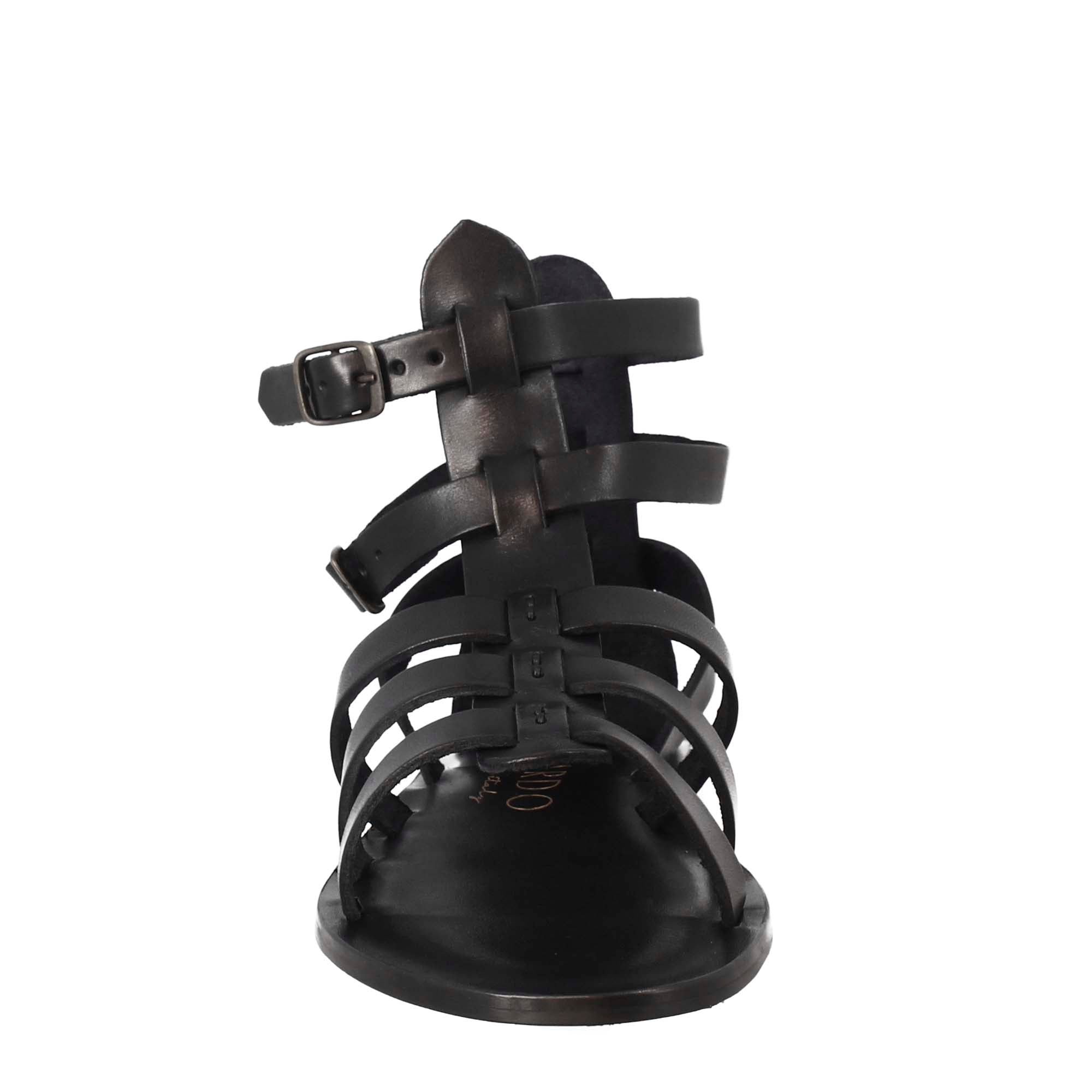 Sandali alla caviglia da donna stile romano in pelle colore nero - LeonardoShoes