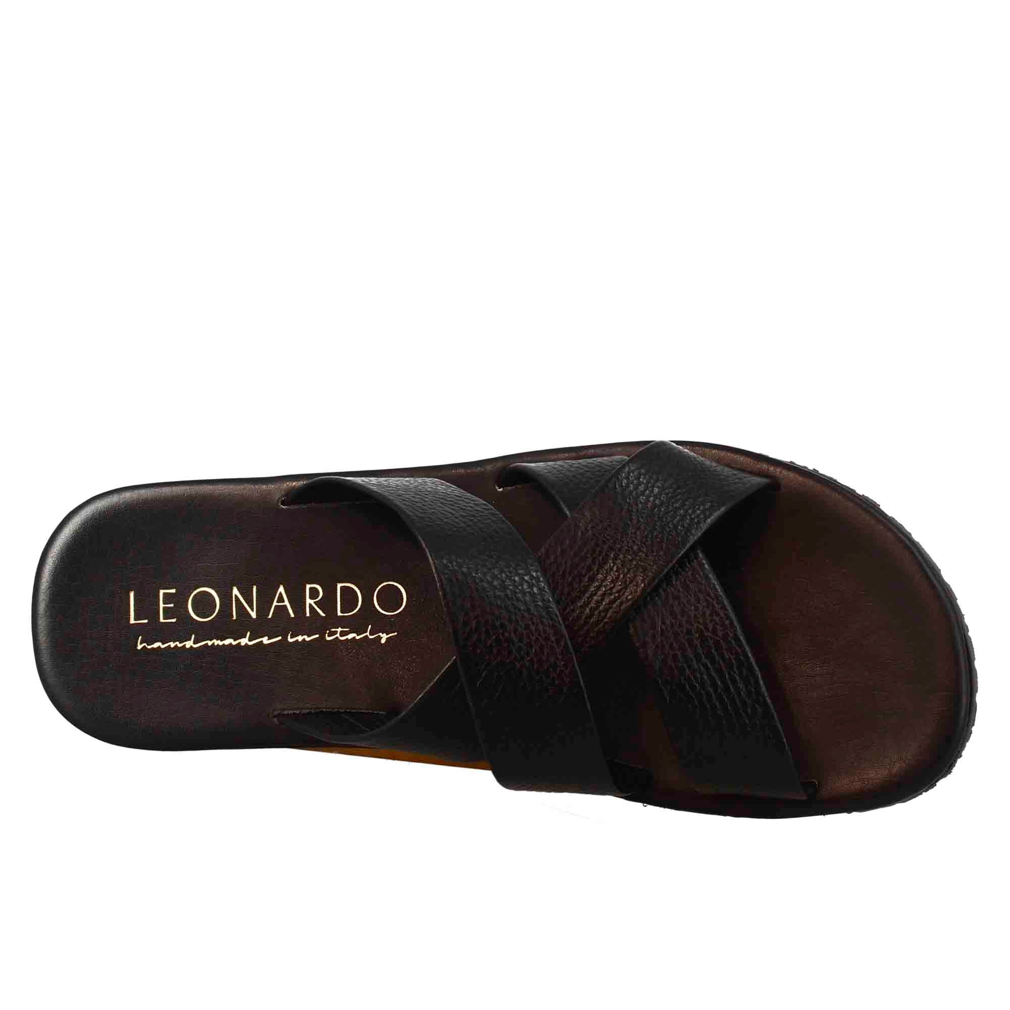 Sandali da uomo ciabatta con tre fasce incrociate fatti a mano in pelle nera - LeonardoShoes