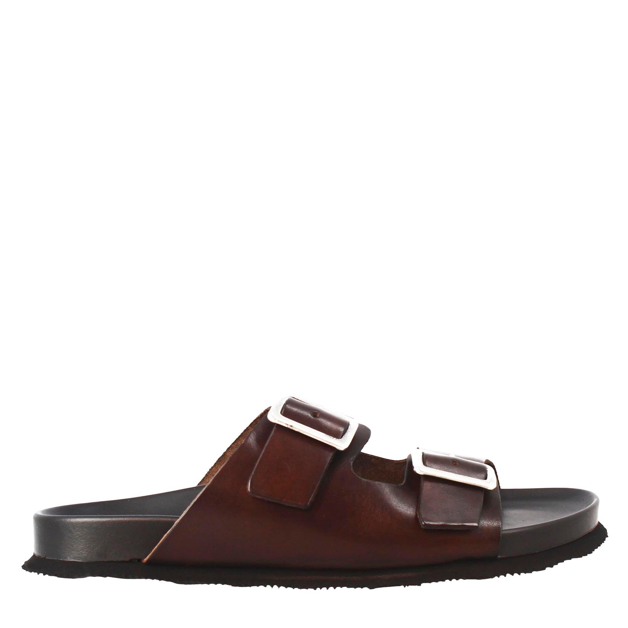 Sandales marron foncé à double boucle pour homme en cuir ouvertes à l'arrière