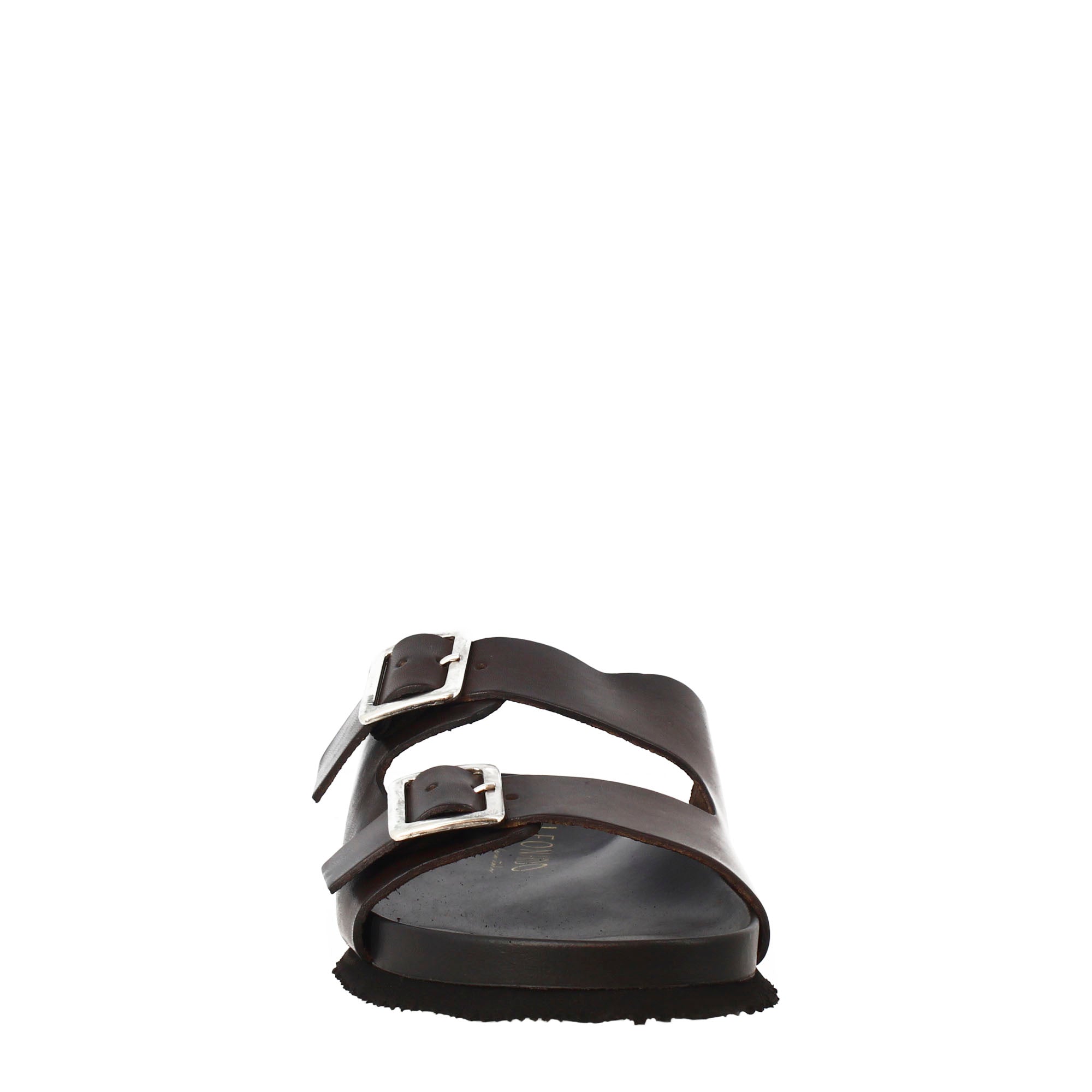 Sandales marron foncé à double boucle pour homme en cuir ouvertes à l'arrière