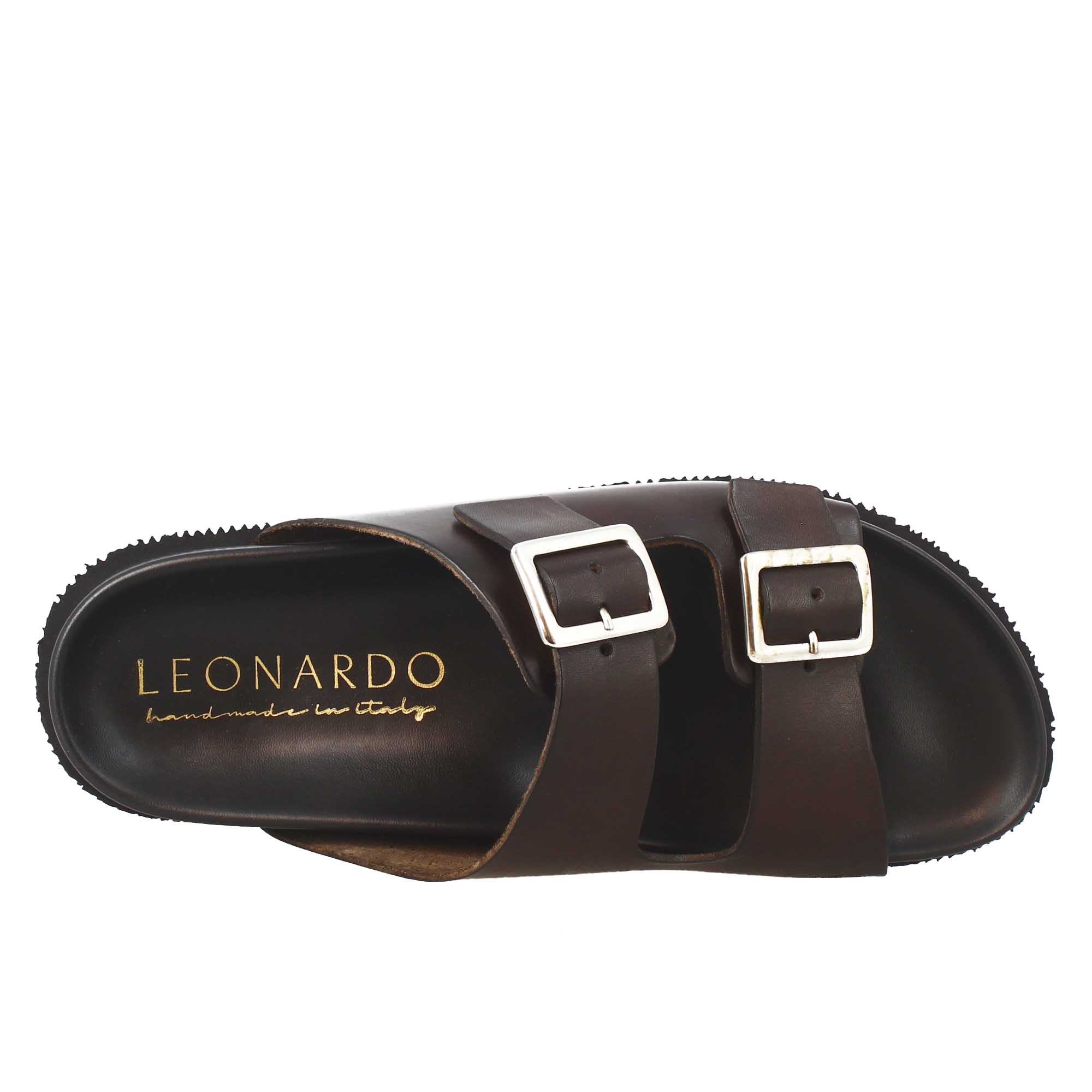 Sandales marron foncé à double boucle pour homme en cuir ouvertes à l'arrière