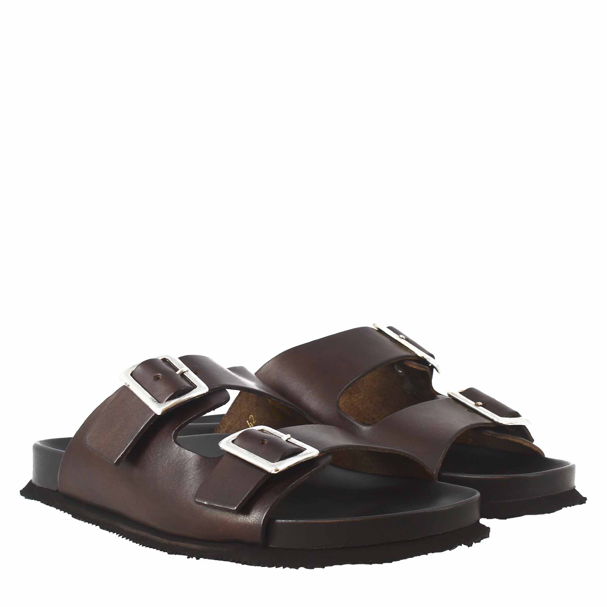 Sandales marron foncé à double boucle pour homme en cuir ouvertes à l'arrière