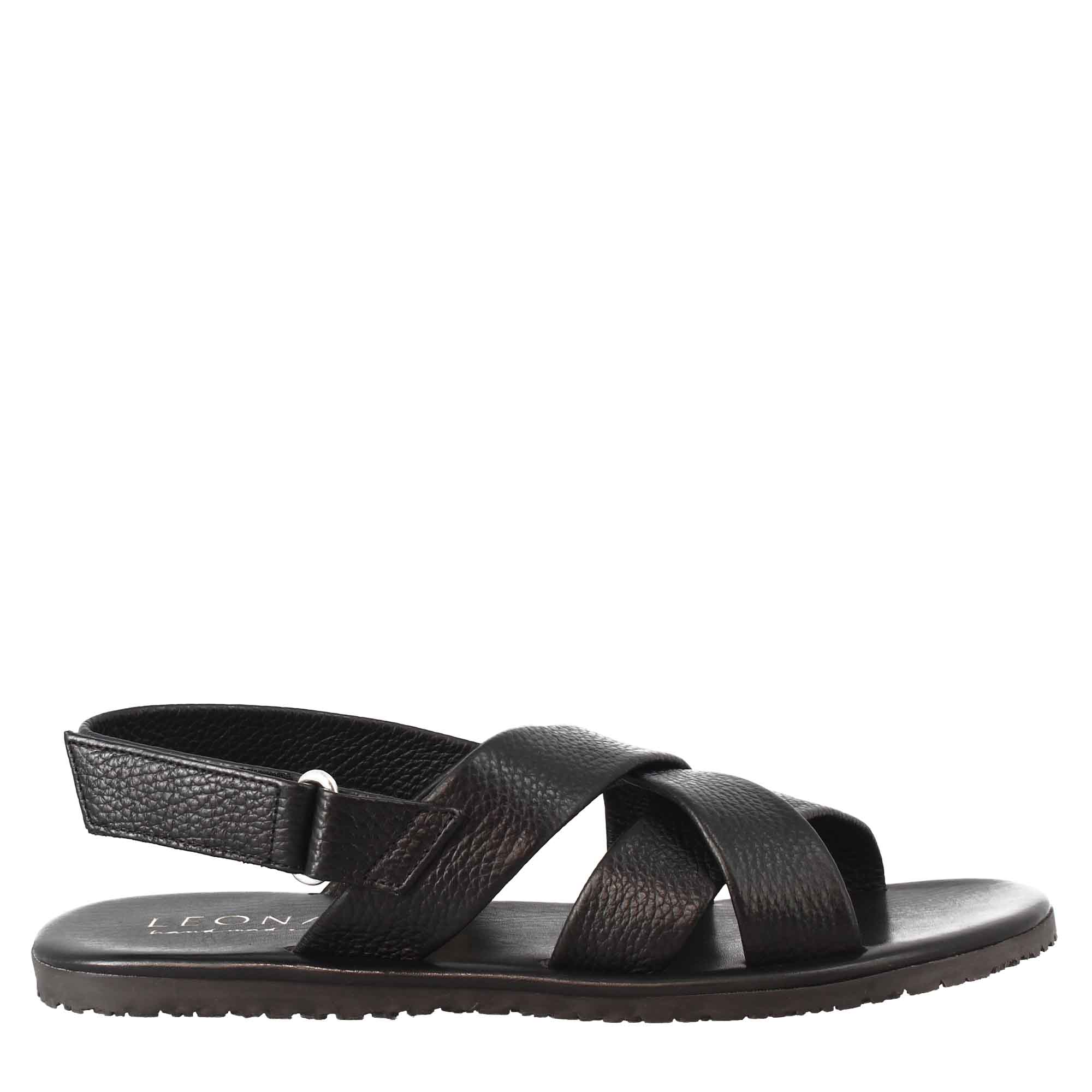 Sandali da uomo fatti a mano in pelle nera chiusura con velcro - LeonardoShoes