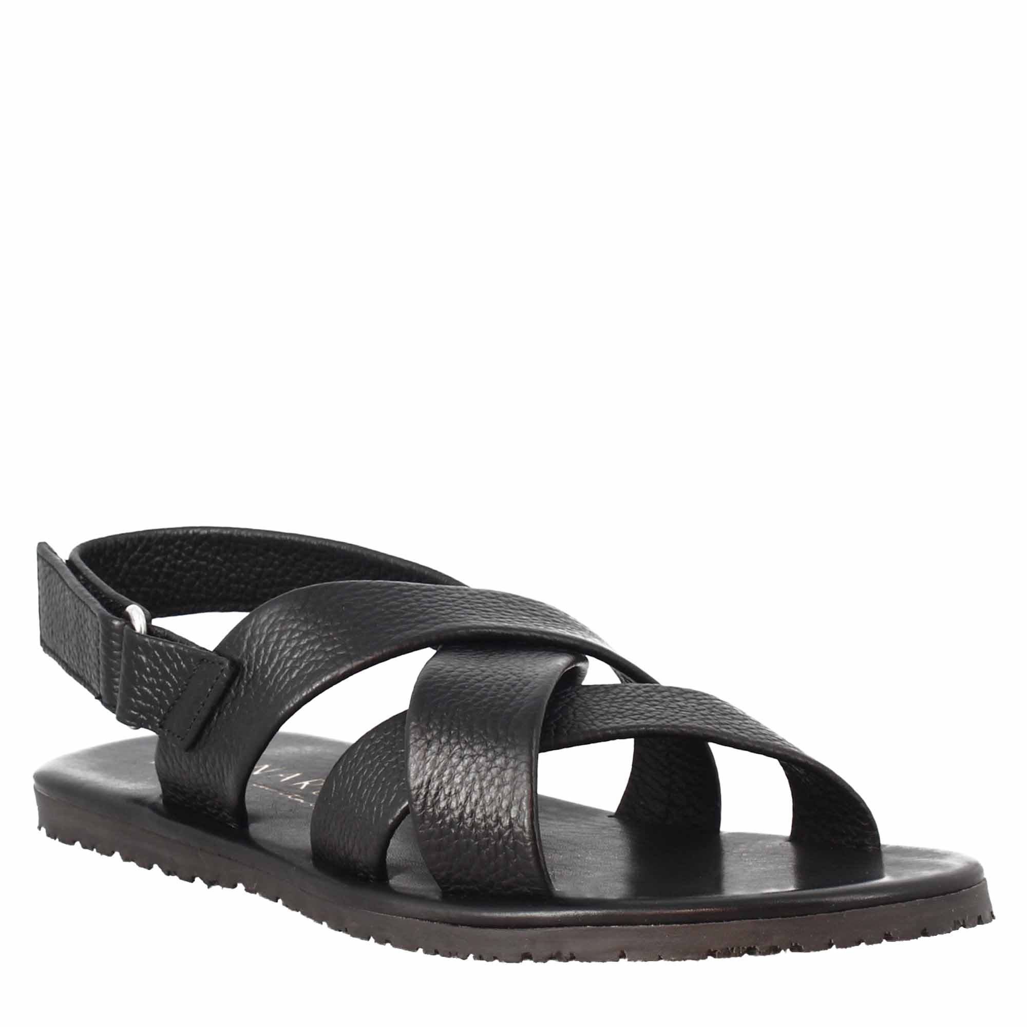 Sandali da uomo fatti a mano in pelle nera chiusura con velcro - LeonardoShoes