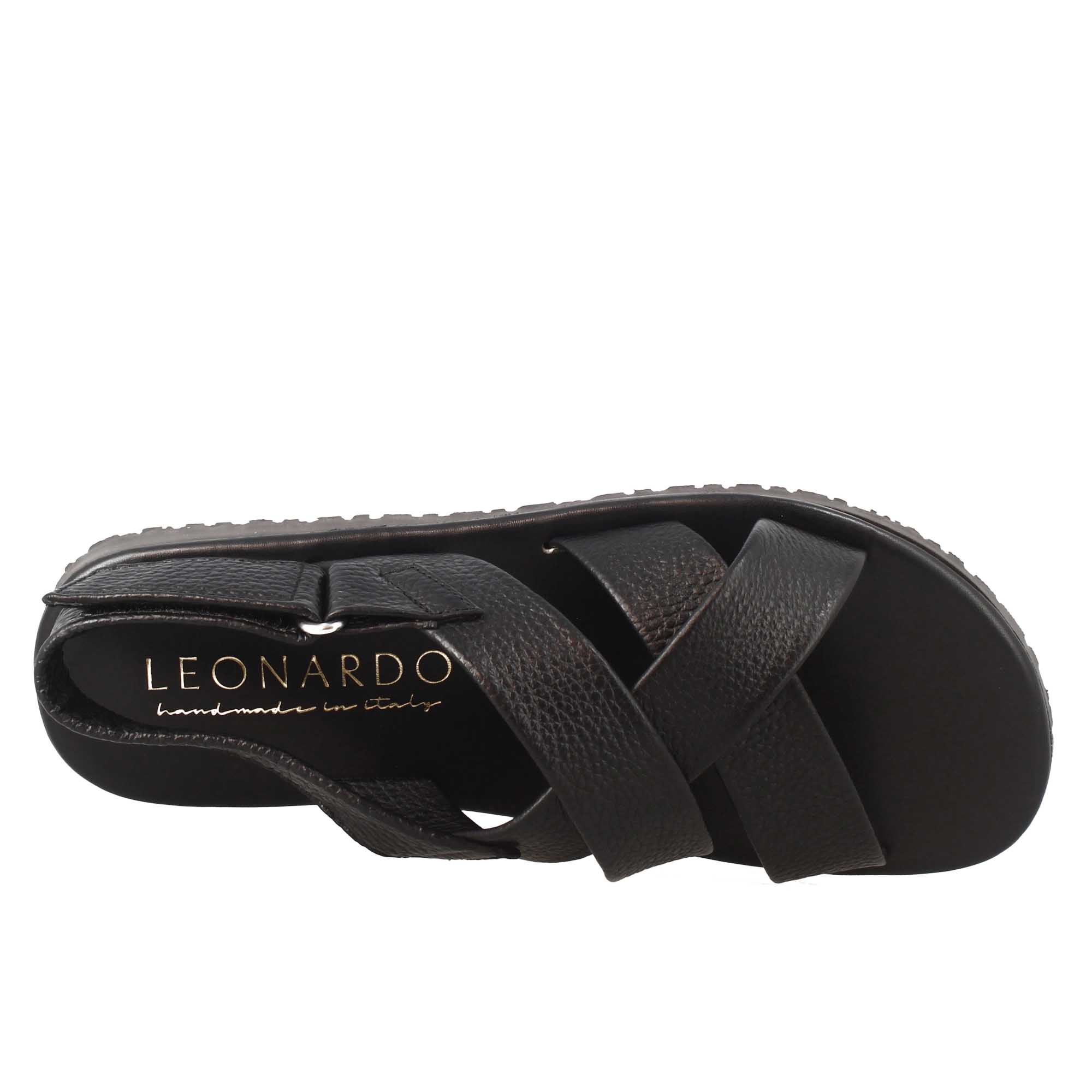 Sandali da uomo fatti a mano in pelle nera chiusura con velcro - LeonardoShoes
