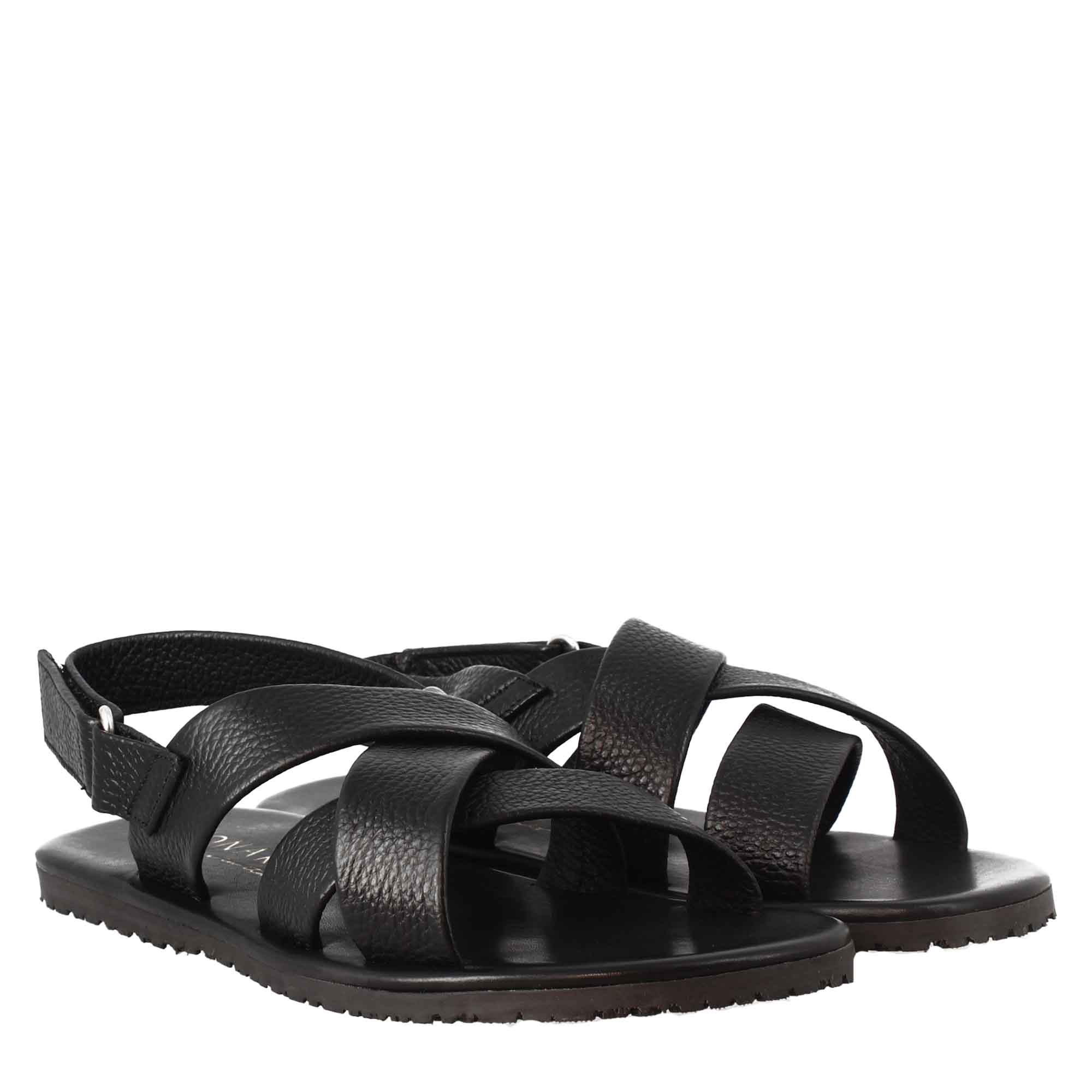 Sandali da uomo fatti a mano in pelle nera chiusura con velcro - LeonardoShoes