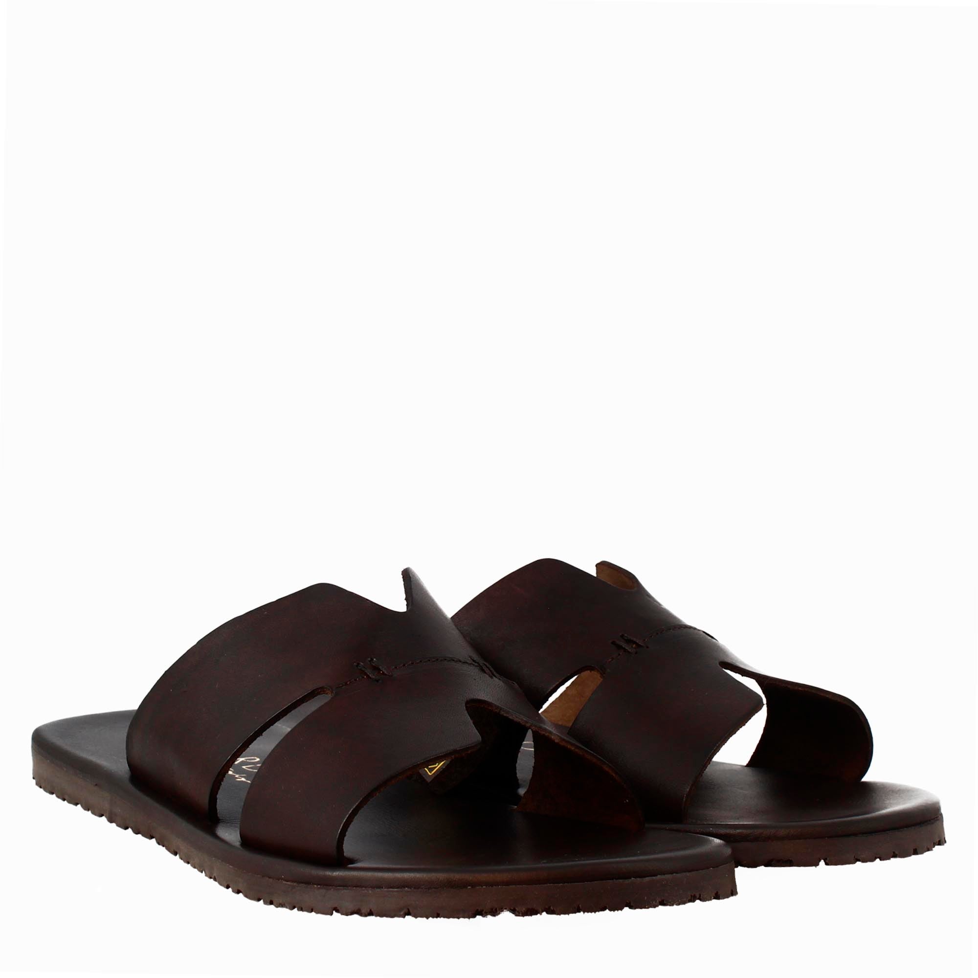 Sandales en forme de H pour hommes en cuir marron foncé