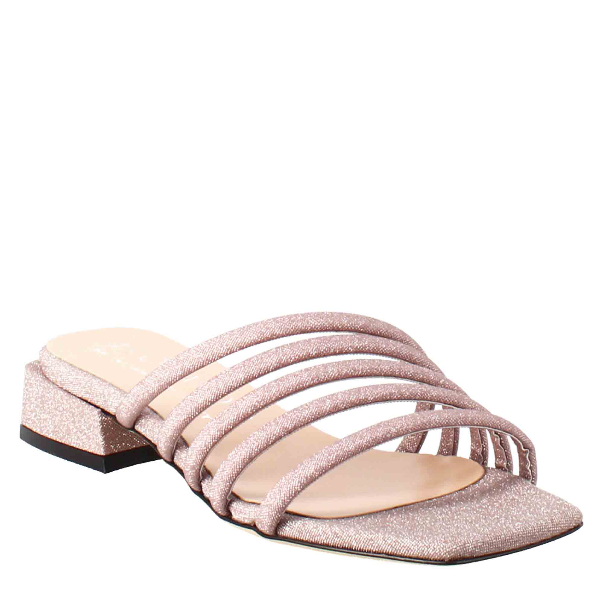 Quadratische Sandale aus rosa Leder mit Glitzer
