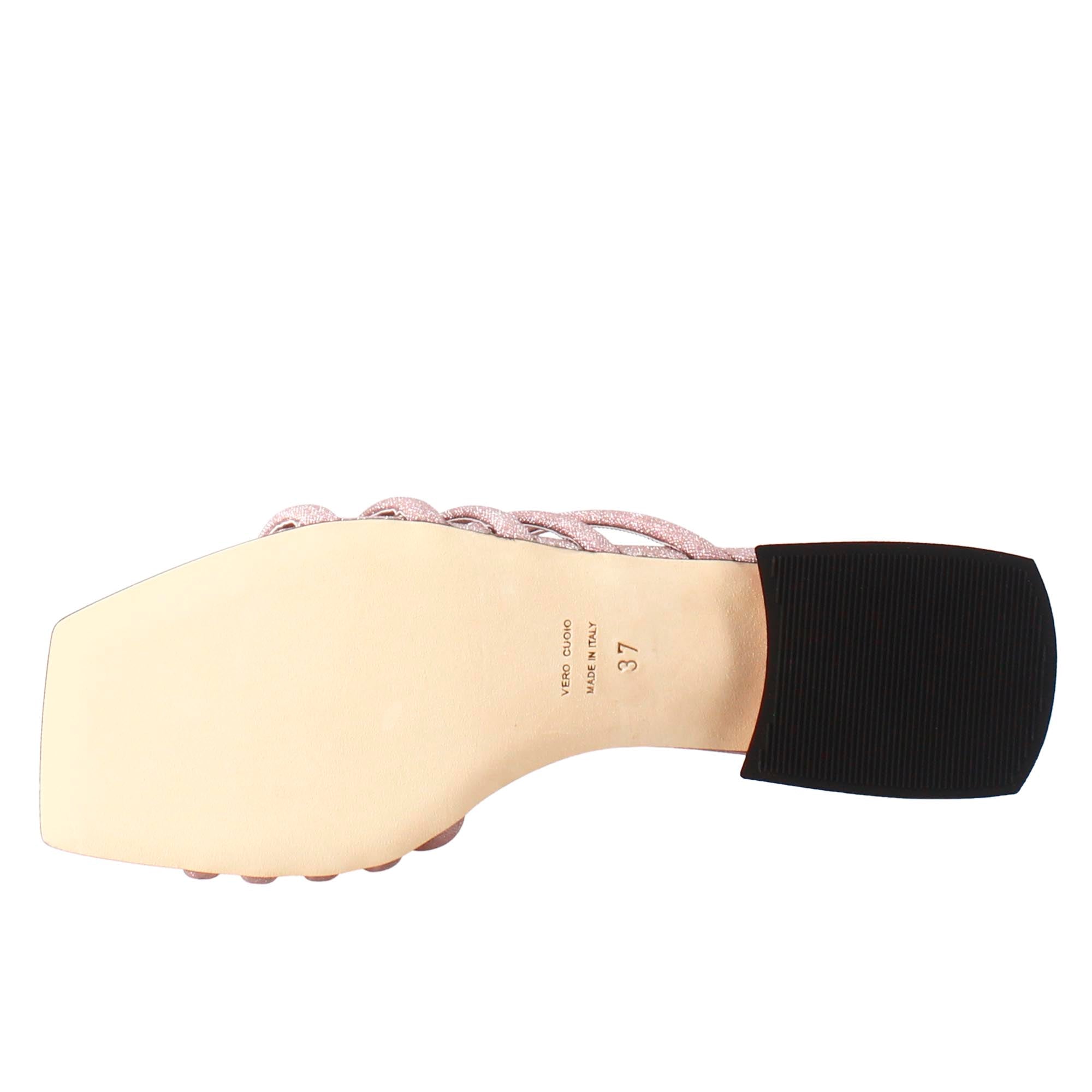 Quadratische Sandale aus rosa Leder mit Glitzer