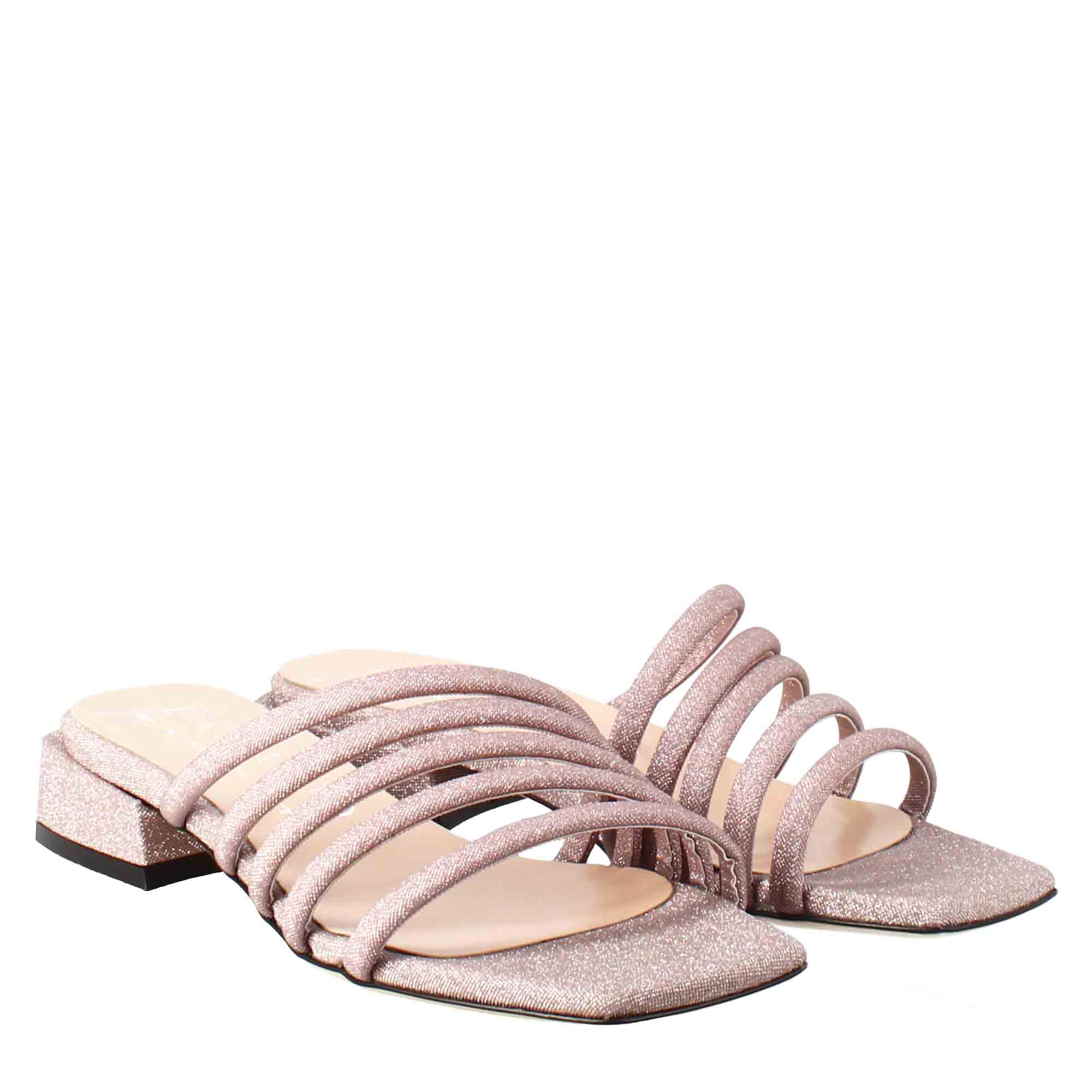 Quadratische Sandale aus rosa Leder mit Glitzer