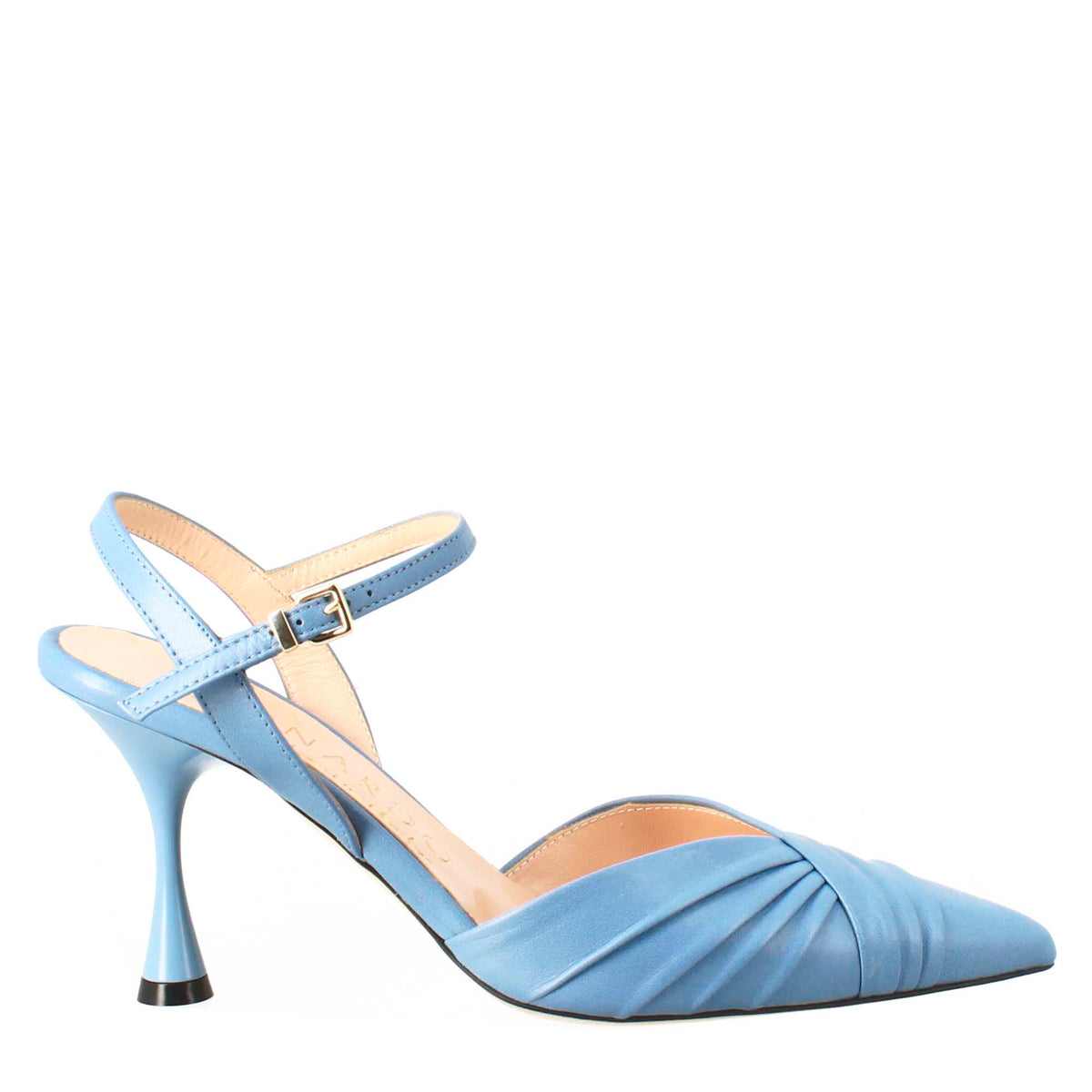 Woman's pointed toe sandal in light blue pleated leather with high heel