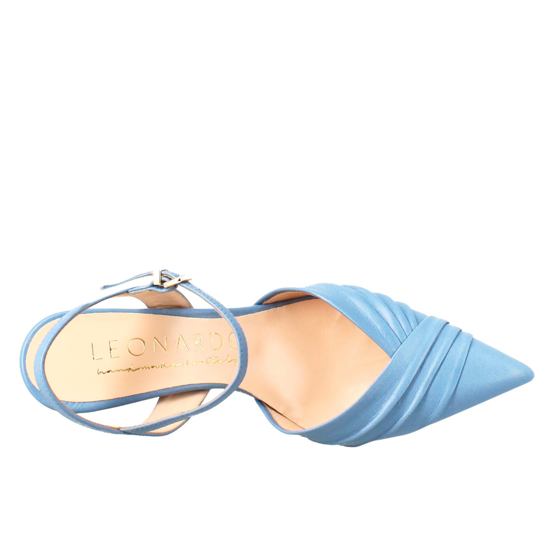 Woman's pointed toe sandal in light blue pleated leather with high heel