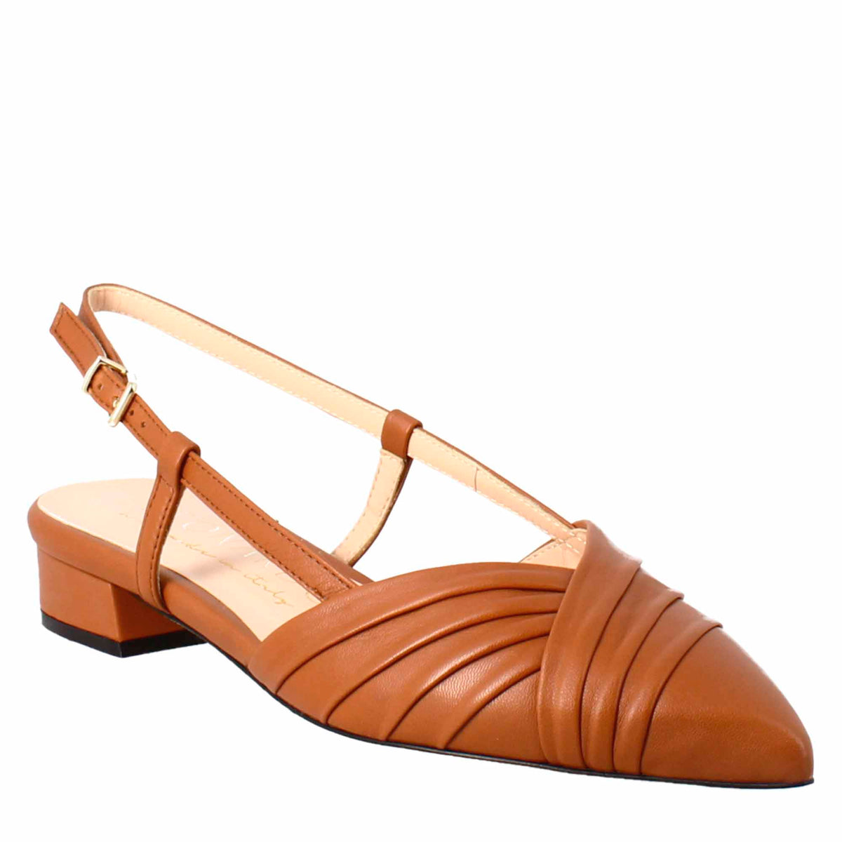 Woman's pointed toe medium heel closed sandal in brown pleated leather