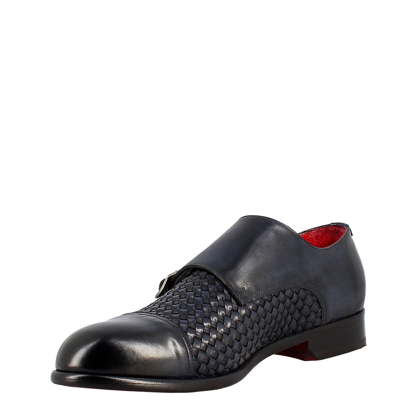 Scarpa doppia fibbia da uomo in pelle intrecciata blu - LeonardoShoes