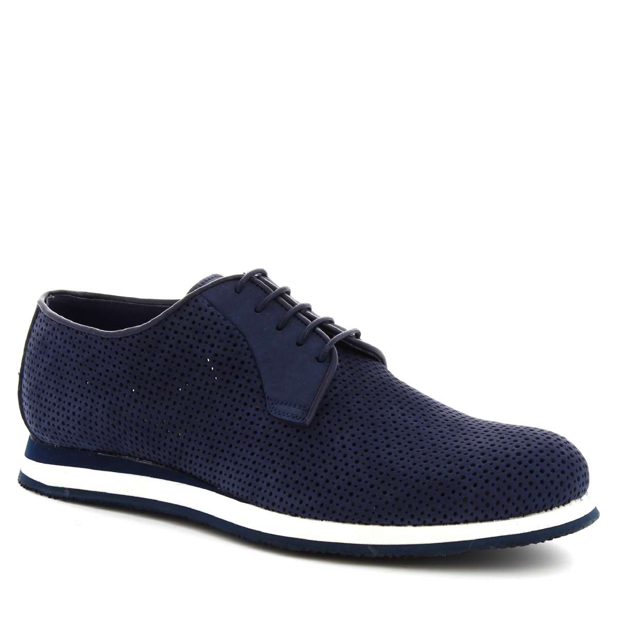 Handmade men's casual shoes in perforated blue suede and calf leather