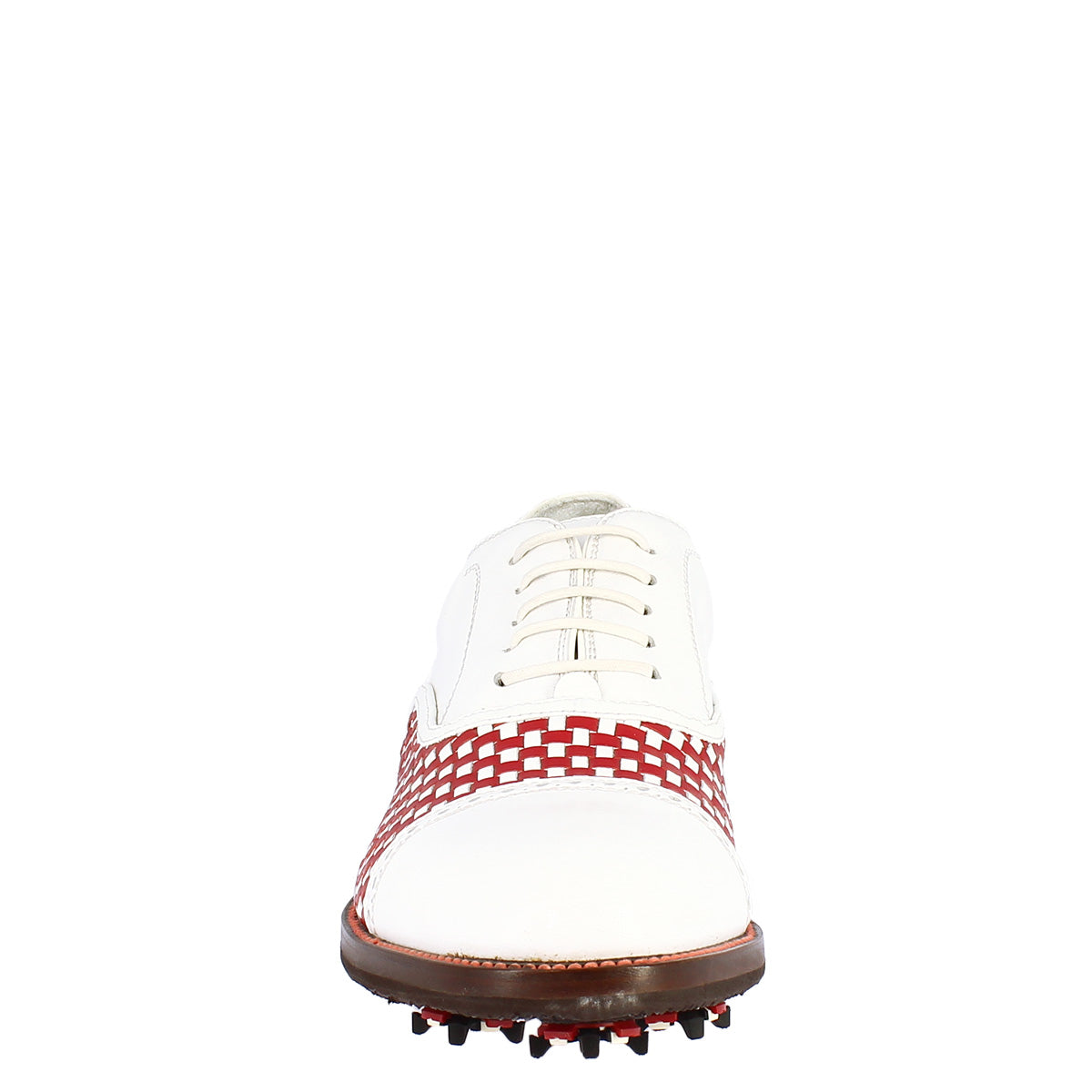 Scarpe classiche da golf artigianali in pelle bianca e rossa intrecciata - LeonardoShoes