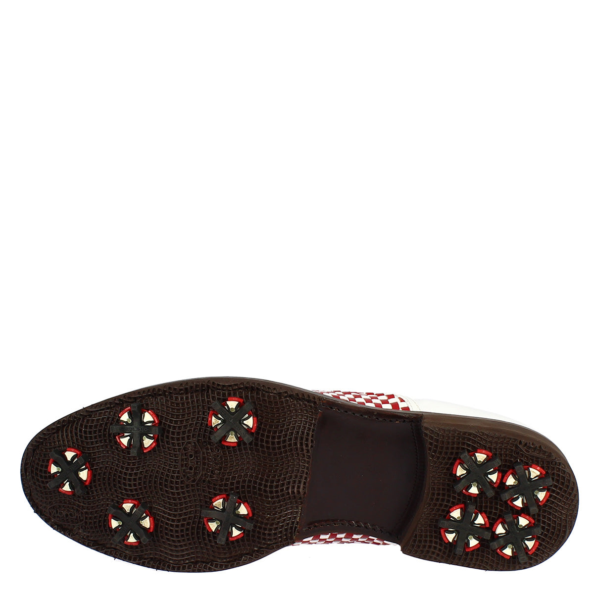 Scarpe classiche da golf artigianali in pelle bianca e rossa intrecciata - LeonardoShoes
