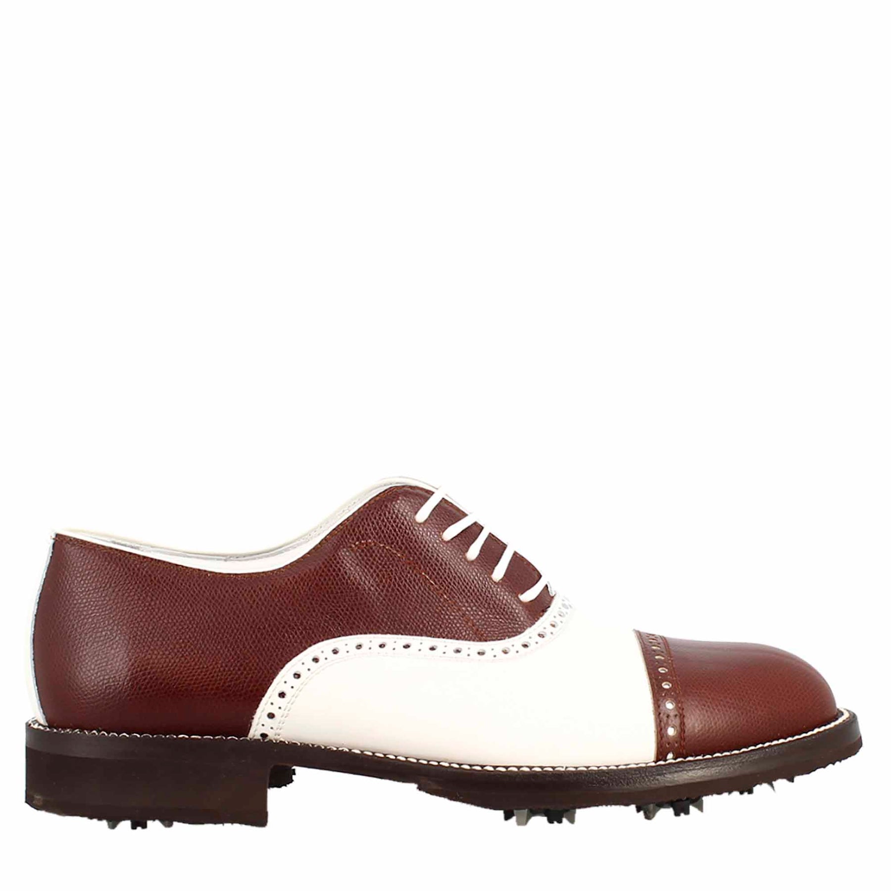 Handcrafted white and brown leather LRP men's golf shoes with brogue details