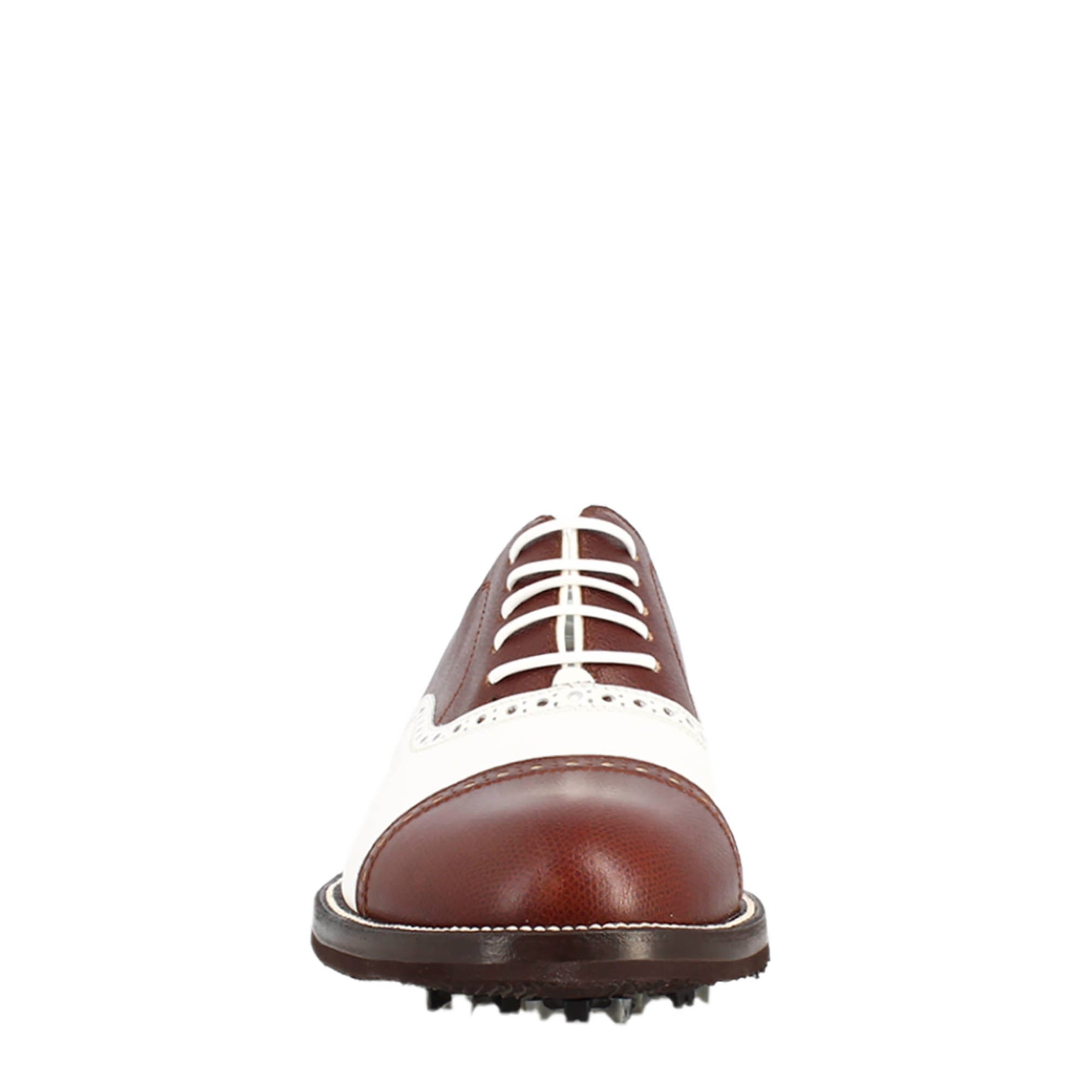 Handcrafted white and brown leather LRP men's golf shoes with brogue details