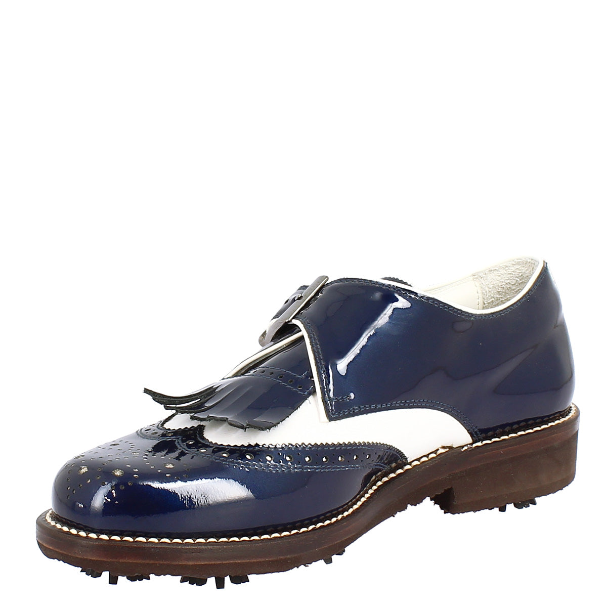 Scarpe con fibbia da golf in pelle bianca e vernice blu - LeonardoShoes