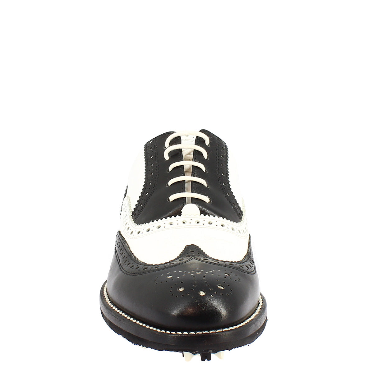Scarpe da golf artigianale in pelle bicolore bianco e nero - LeonardoShoes