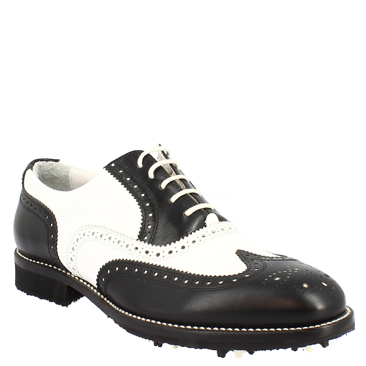 Scarpe da golf da donna bicolore bianco e nero artigianale in pelle