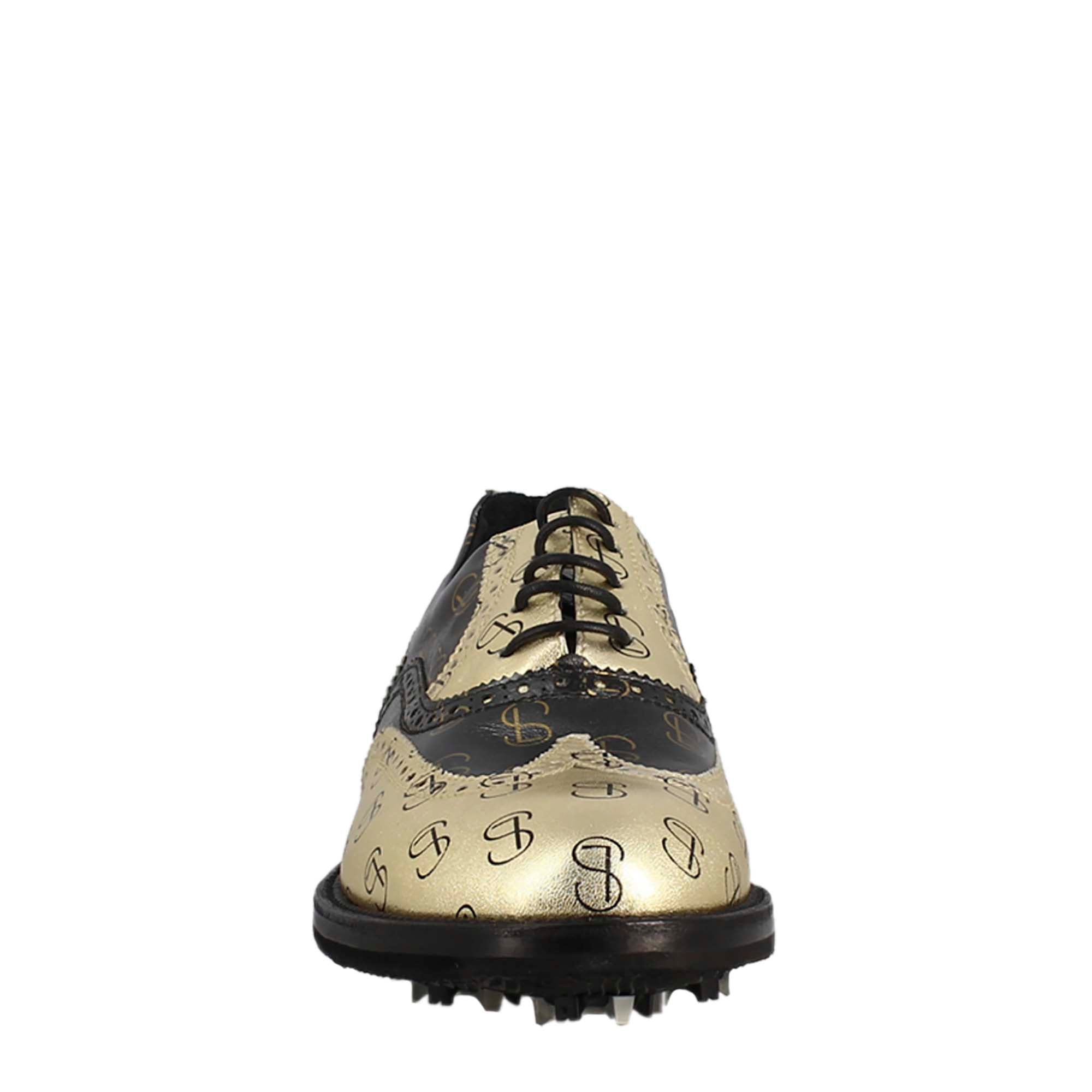 Scarpe da golf bicolore in pelle pieno fiore nero e oro - LeonardoShoes