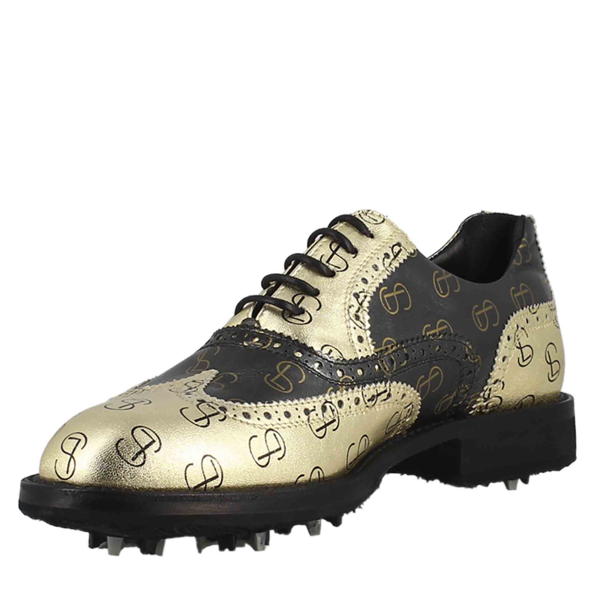 Scarpe da golf bicolore in pelle pieno fiore nero e oro - LeonardoShoes