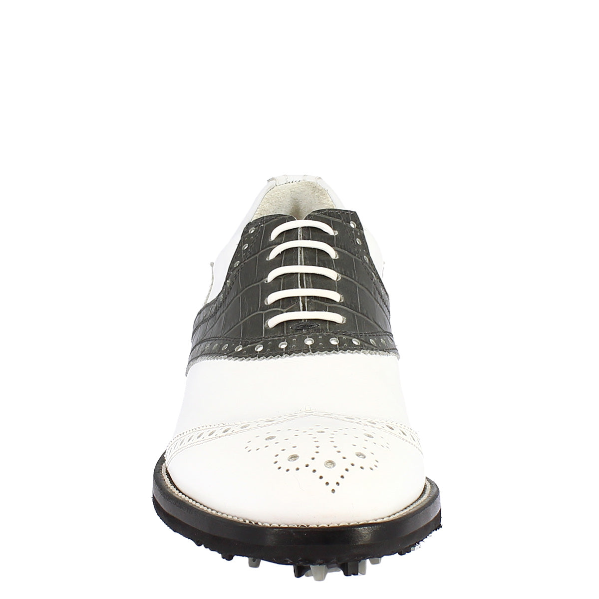 Scarpe da golf classiche artigianali in pelle bianca e grigia - LeonardoShoes