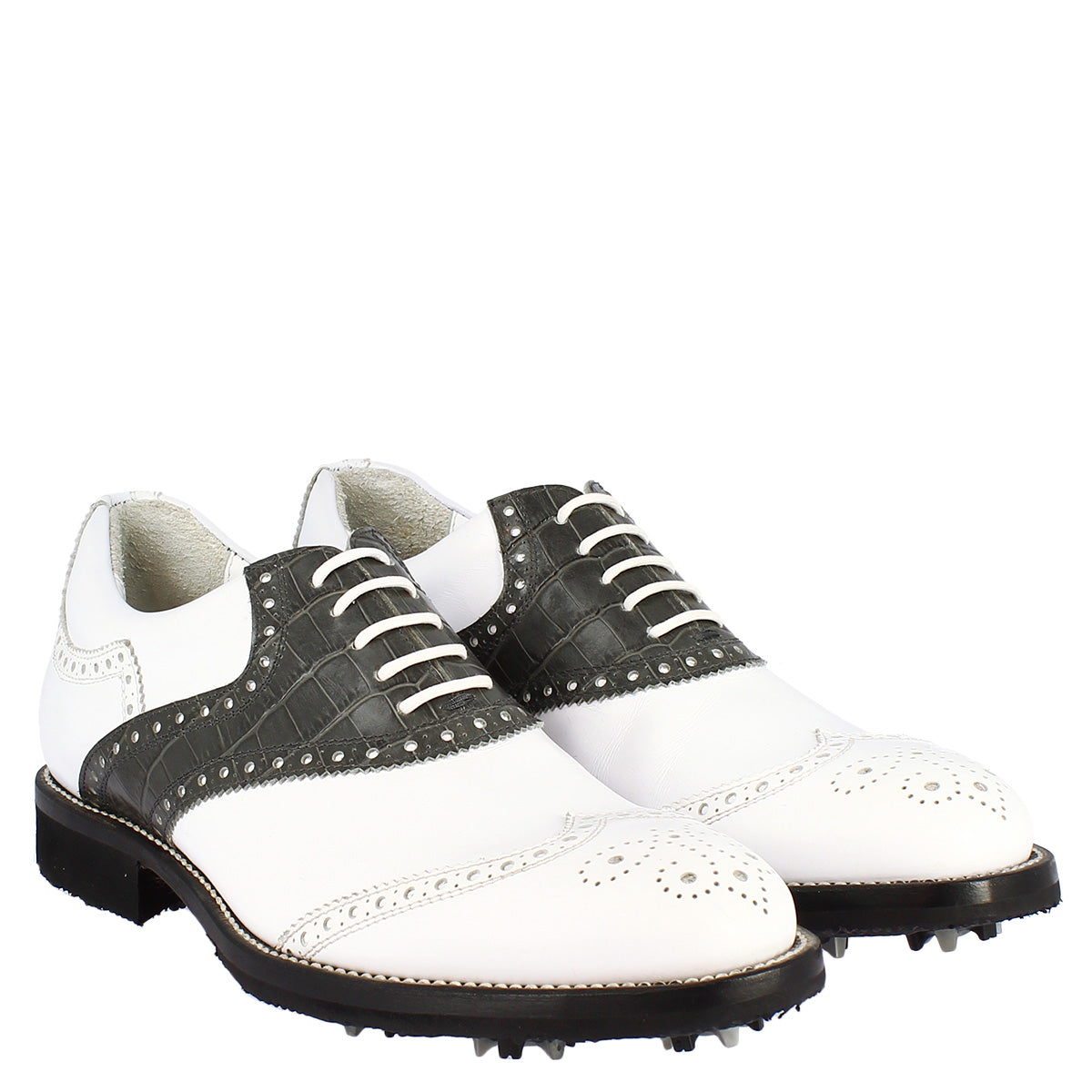 Scarpe da golf classiche artigianali in pelle bianca e grigia - LeonardoShoes
