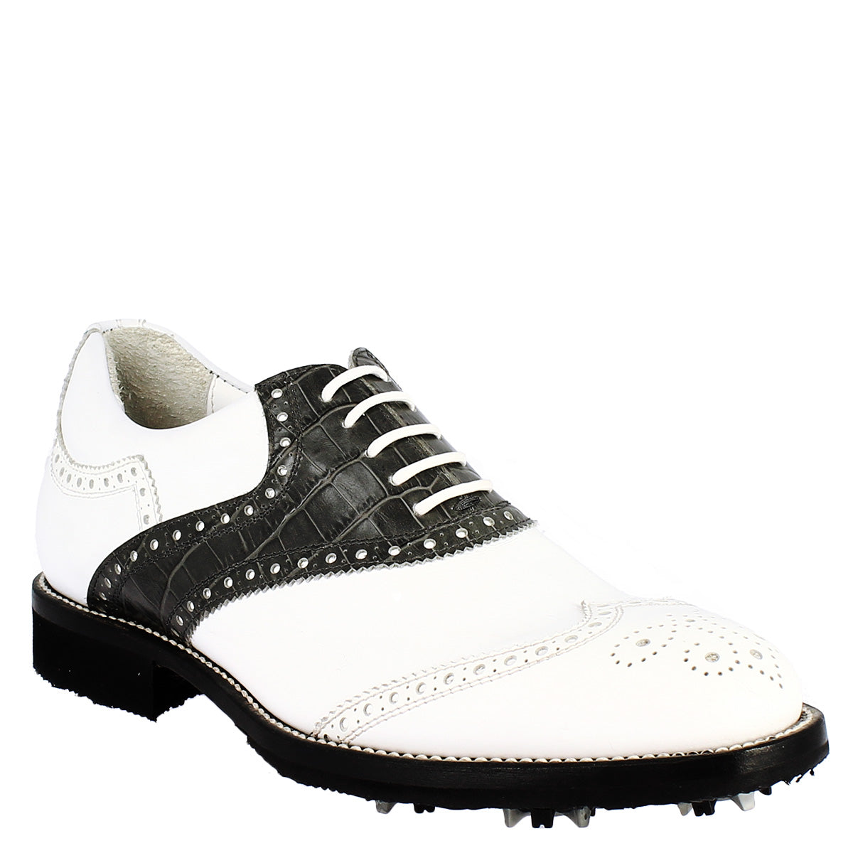 Scarpe golf donna artigianali in pelle pieno fiore bianco nero