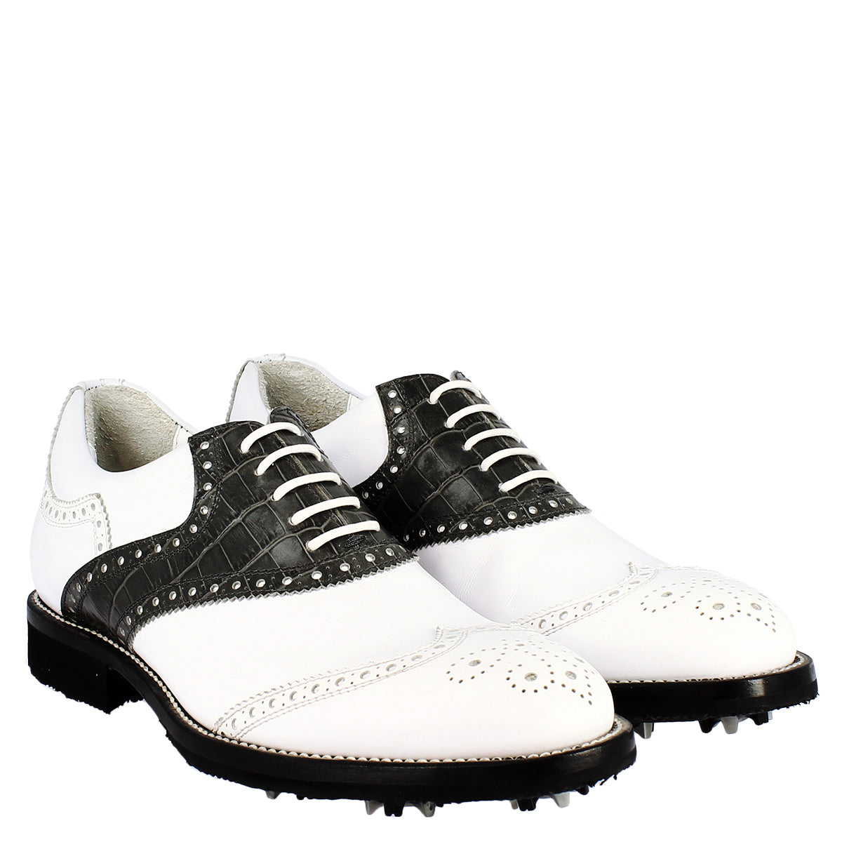 Scarpe golf unisex artigianali in pelle bianco e nero - LeonardoShoes