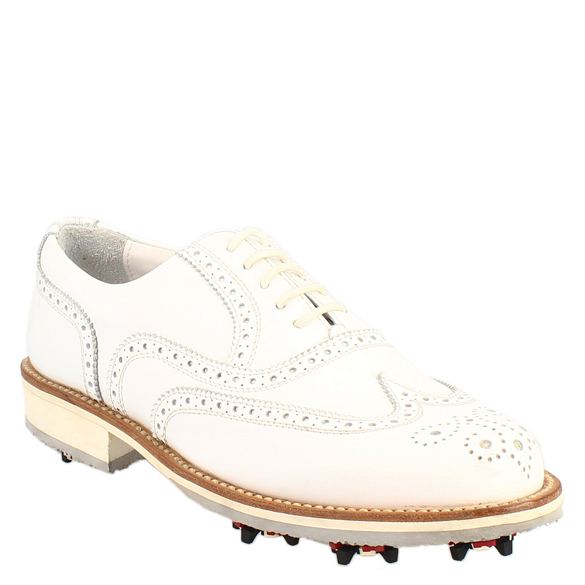 Scarpe da golf classiche brogues artigianali in pelle bianca - LeonardoShoes
