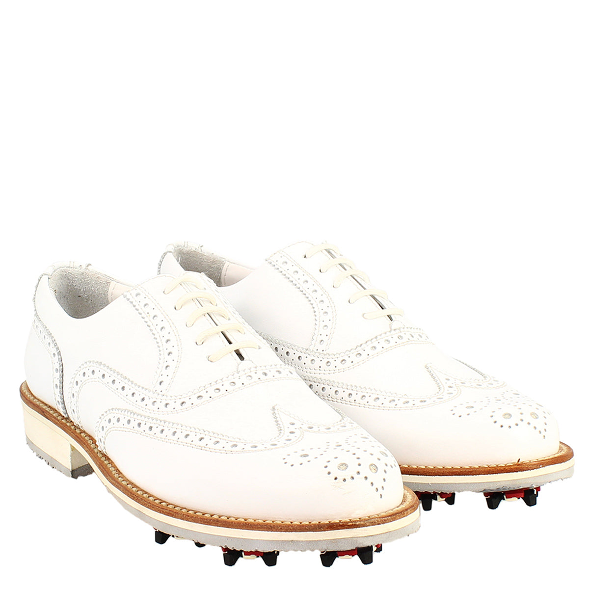Scarpe da golf classiche brogues artigianali in pelle bianca - LeonardoShoes