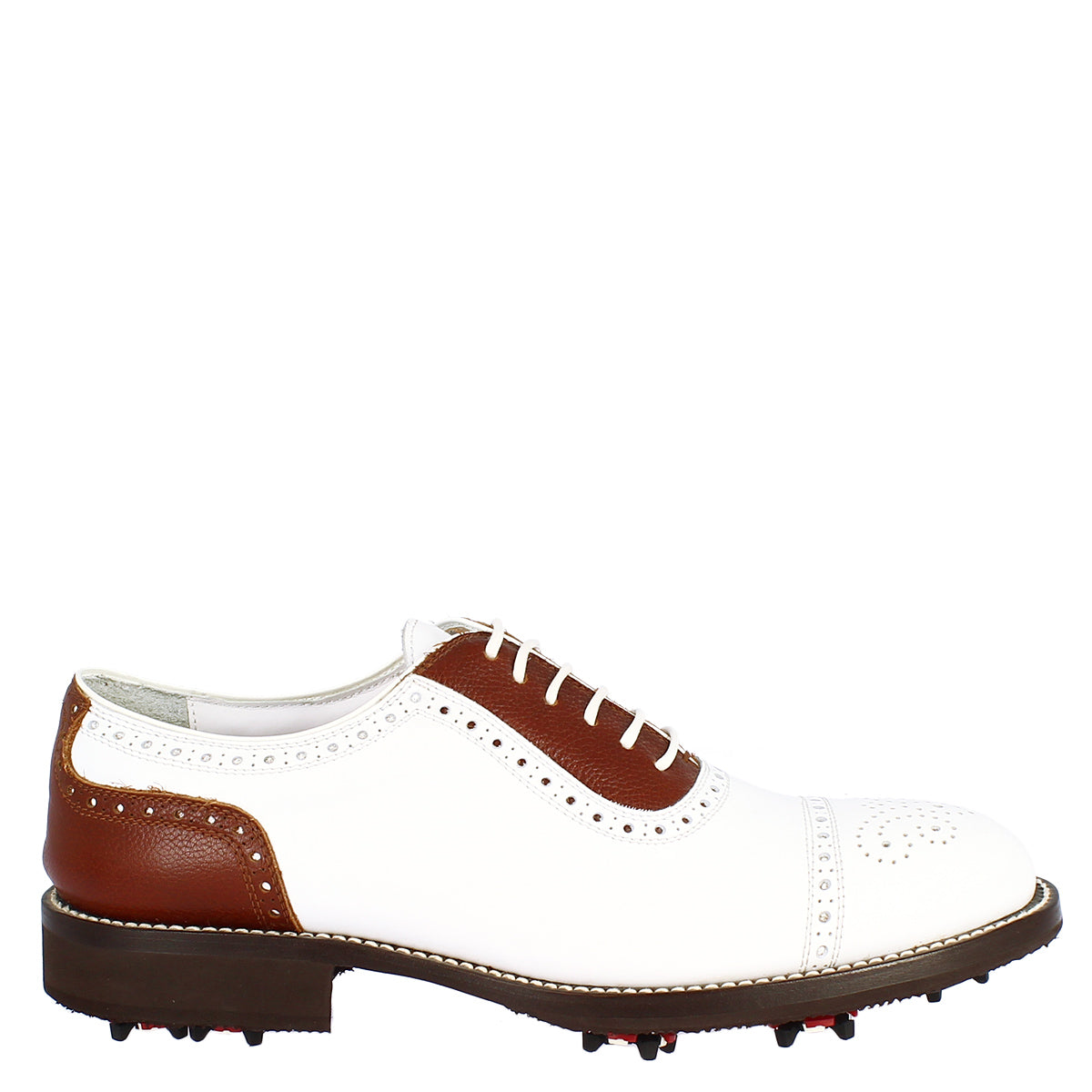 Scarpe da golf donna classiche artigianali in pelle bianca marrone