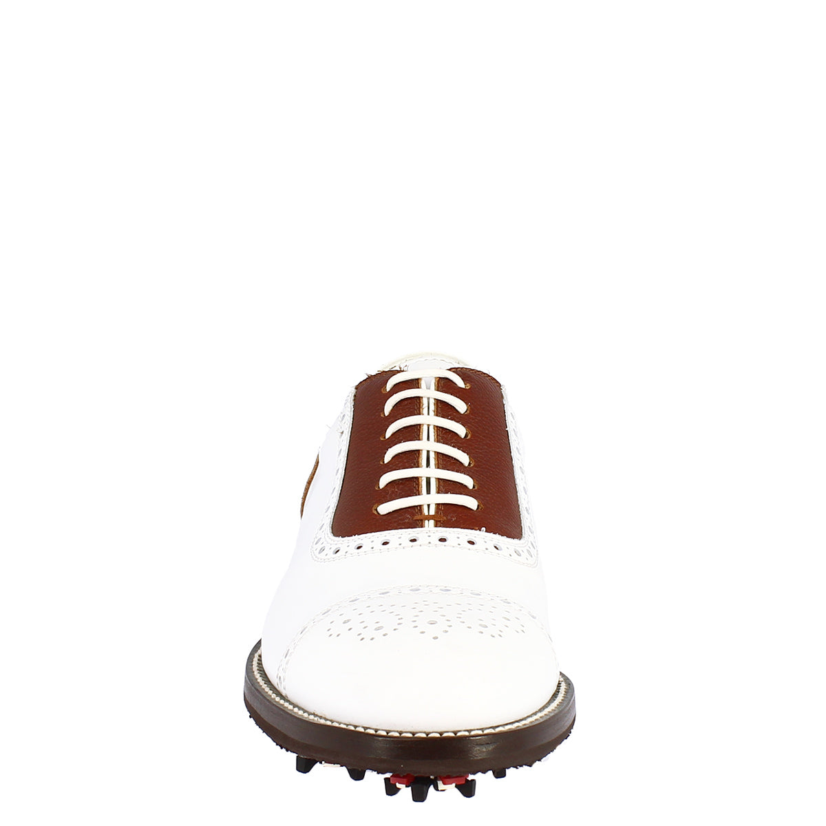 Scarpe da golf artigianali unisex in pelle bianca e marrone - LeonardoShoes