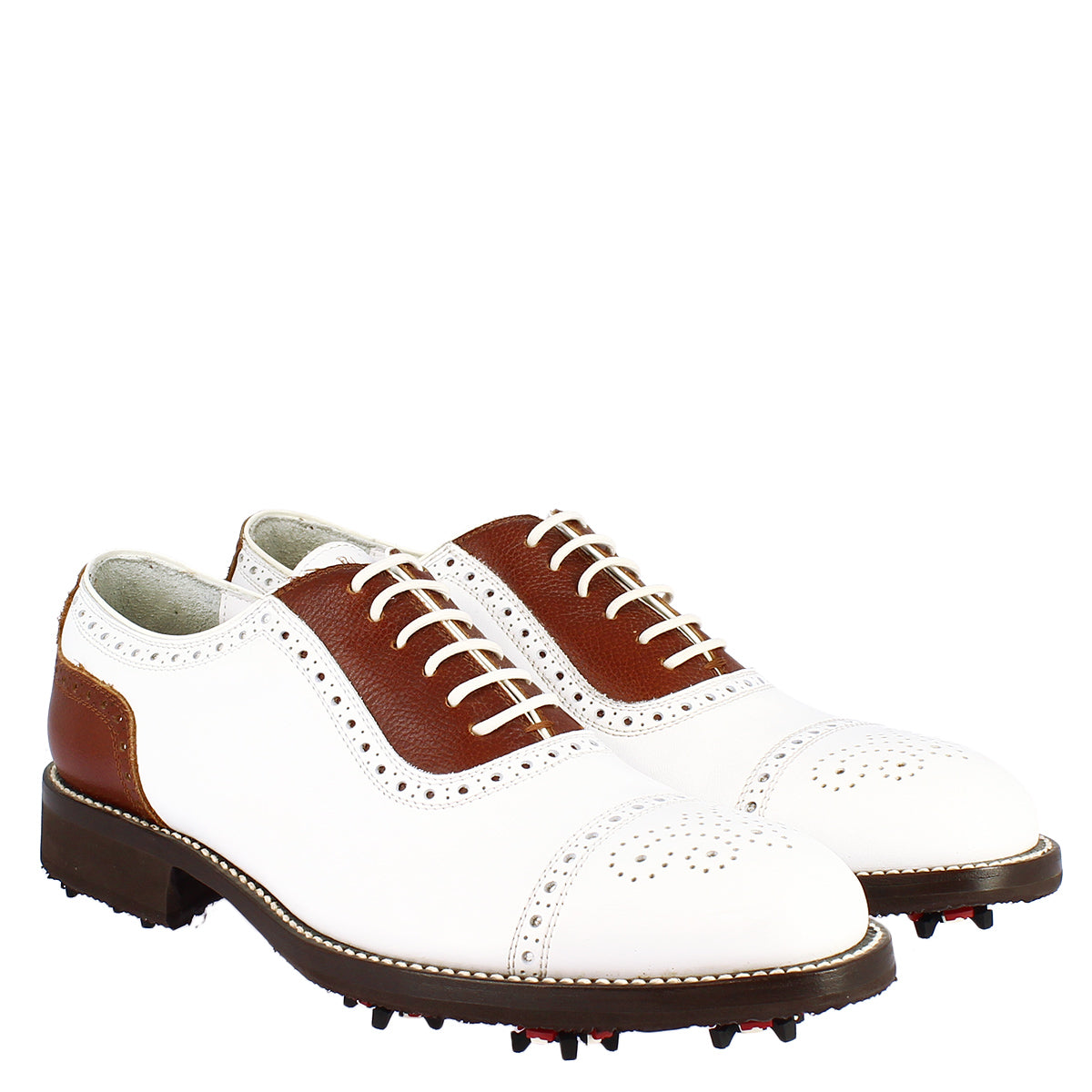 Scarpe da golf artigianali unisex in pelle bianca e marrone - LeonardoShoes