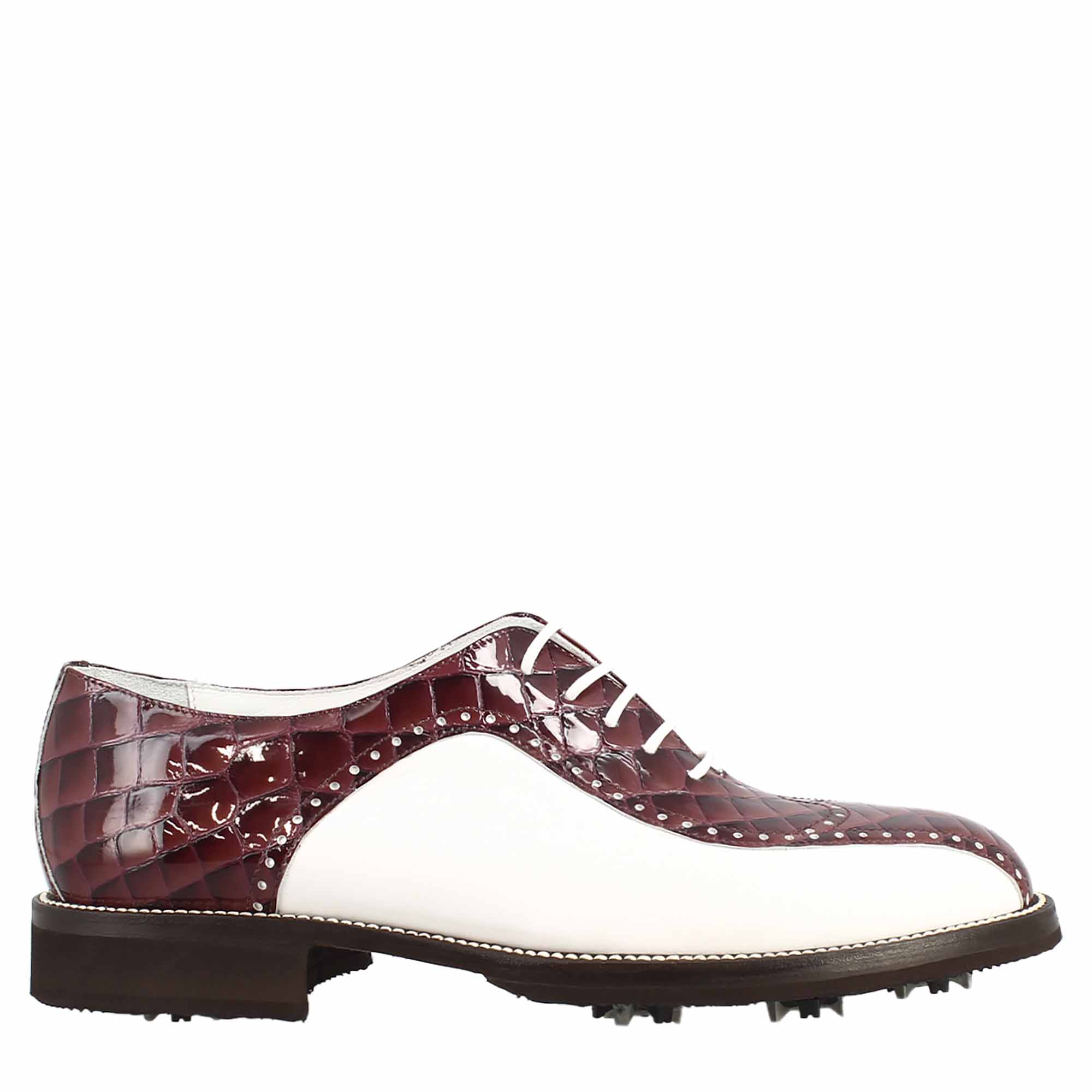 Scarpe da golf da donna colore bianco e bordeaux cocco artigianali in pelle - LeonardoShoes