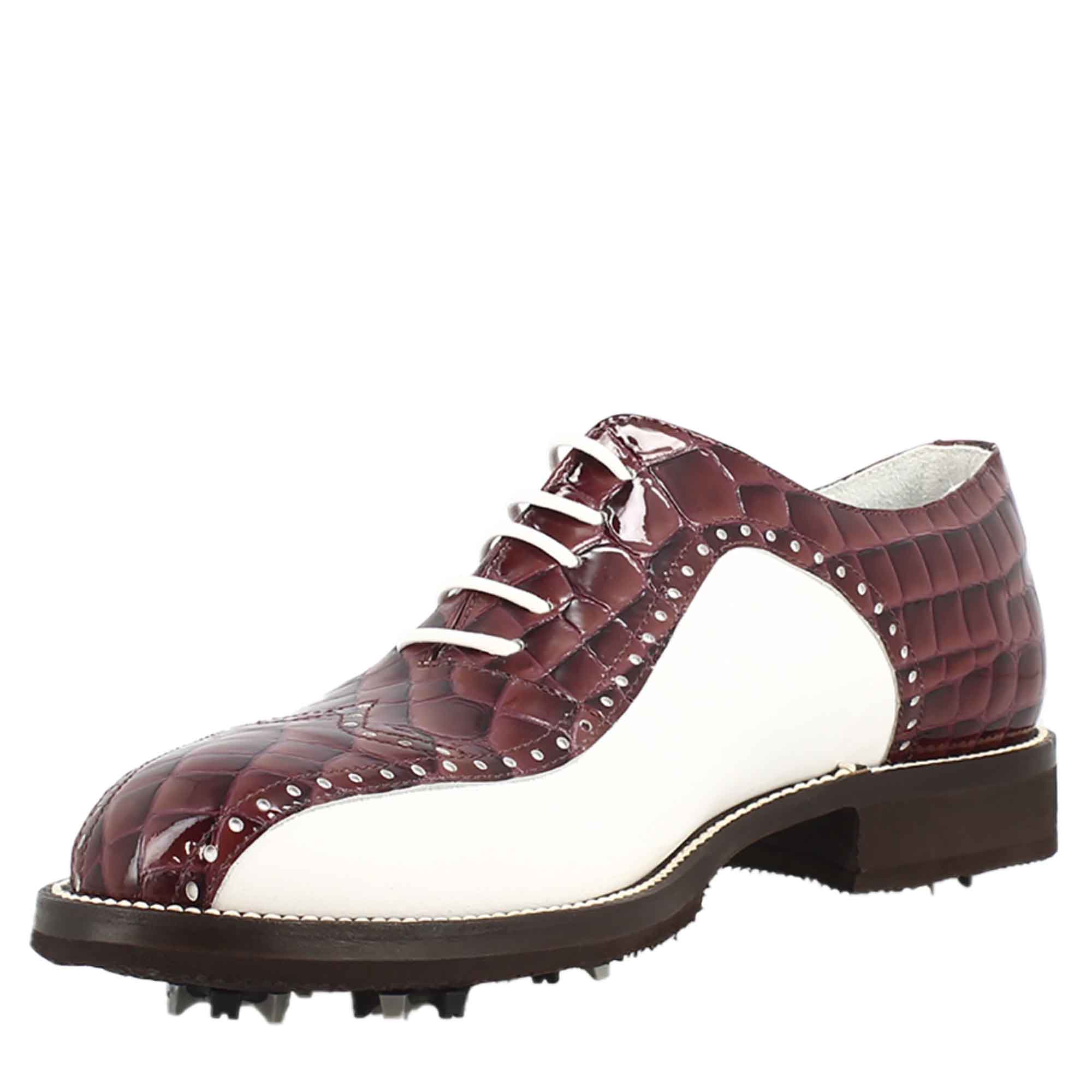 Scarpe da golf da donna colore bianco e bordeaux cocco artigianali in pelle - LeonardoShoes