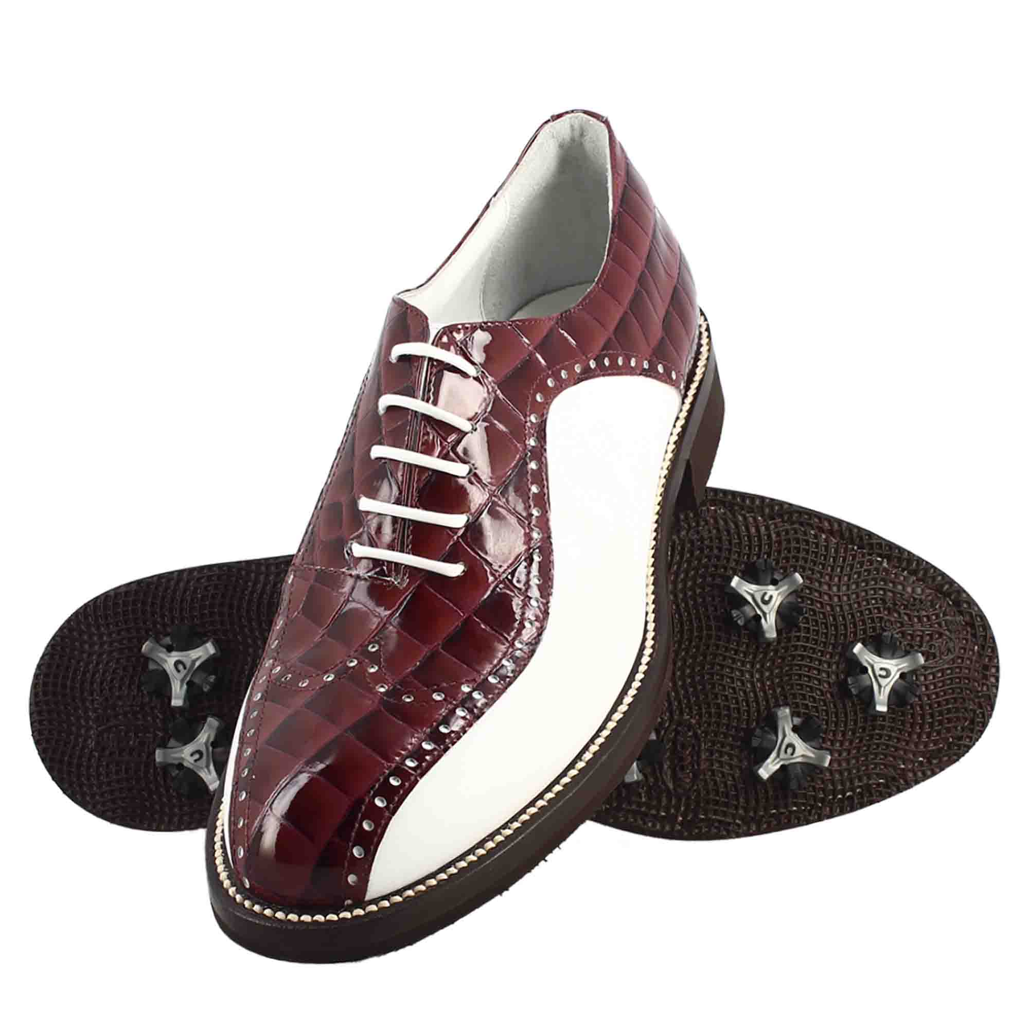 Scarpe da golf da donna colore bianco e bordeaux cocco artigianali in pelle - LeonardoShoes