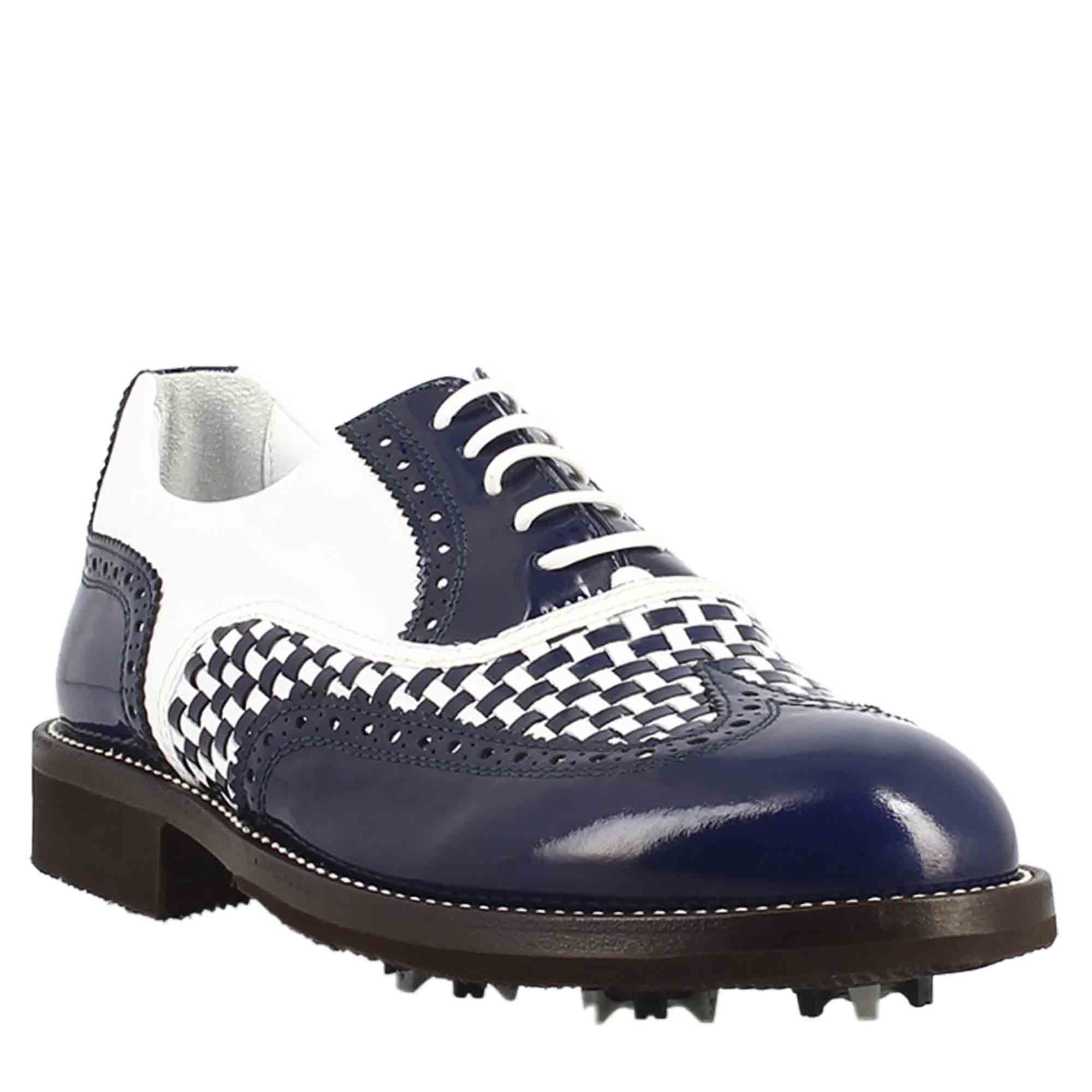 Scarpe da golf colore blu e bianco dettagli in pelle intrecciata - LeonardoShoes