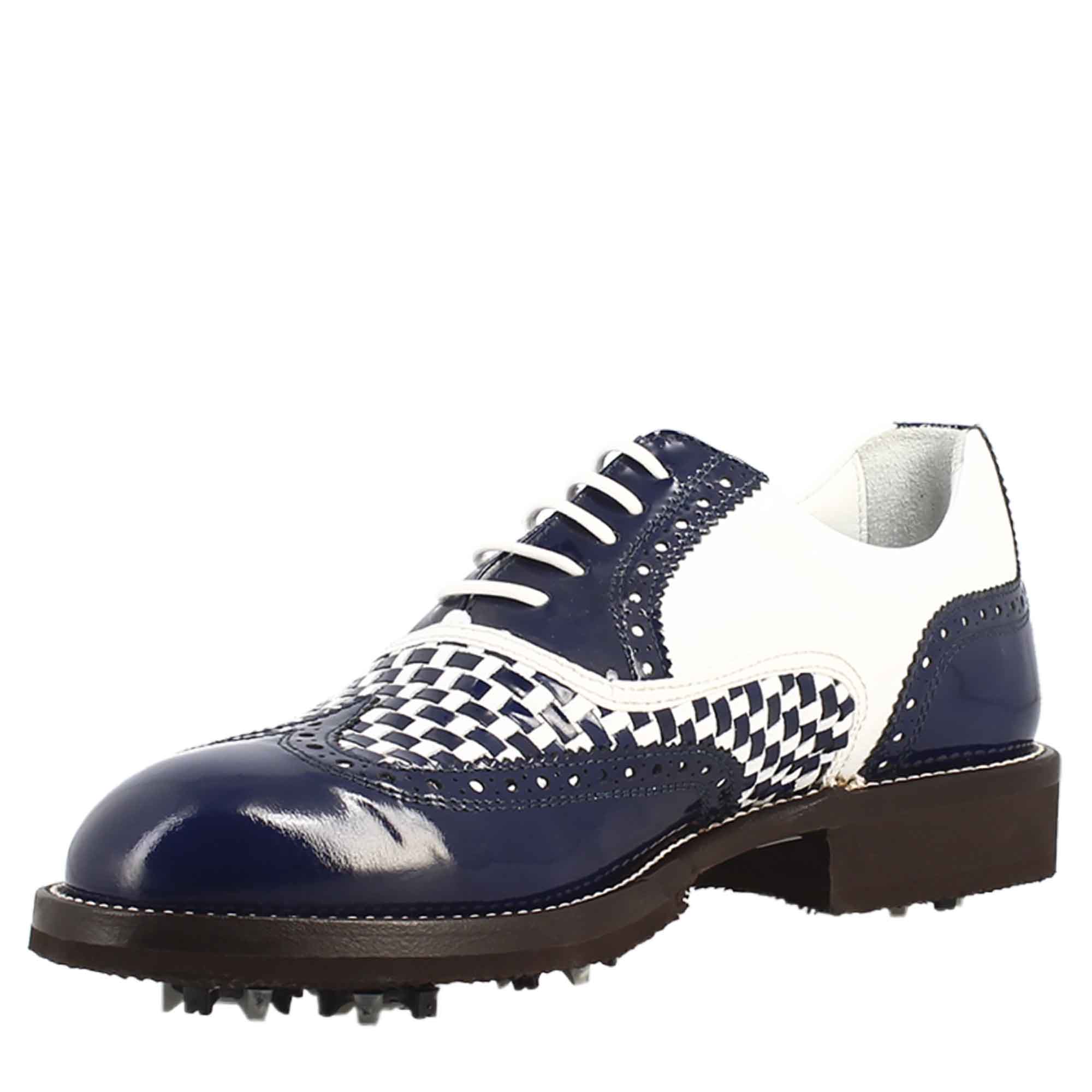 Scarpe da golf colore blu e bianco dettagli in pelle intrecciata - LeonardoShoes