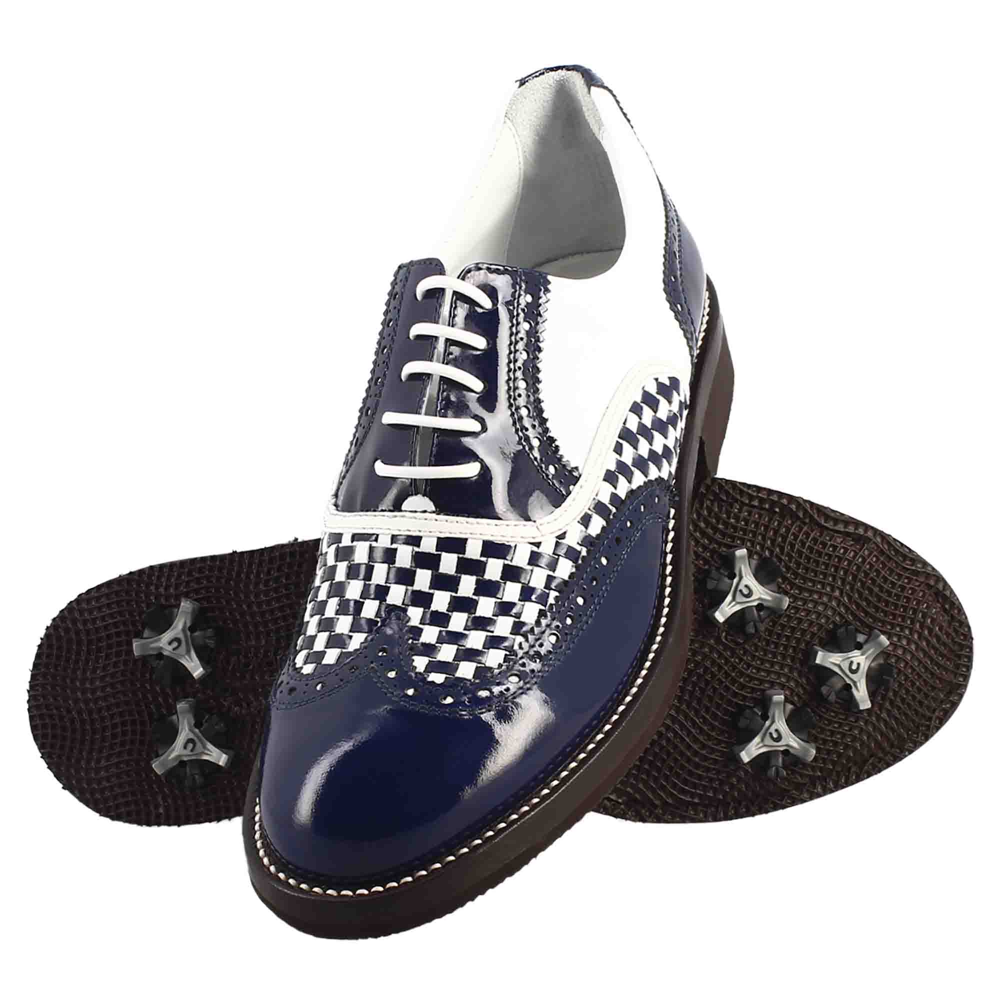 Scarpe da golf colore blu e bianco dettagli in pelle intrecciata - LeonardoShoes