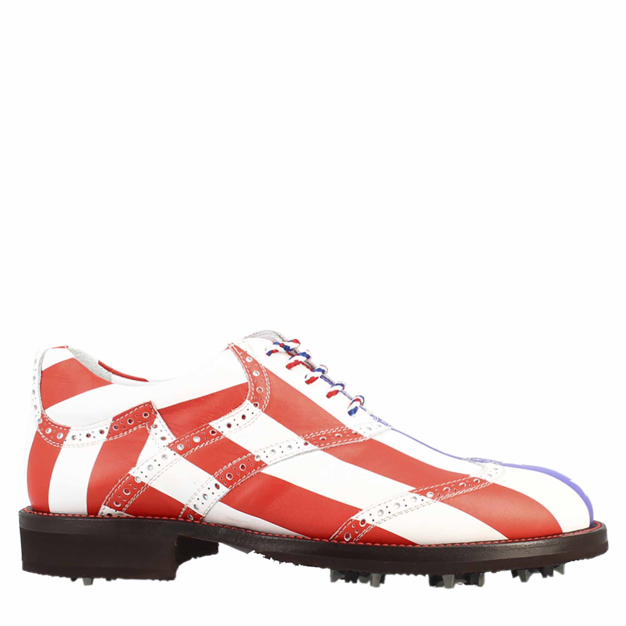 Scarpe da golf USA blu rosso e bianco dettagli brogue artigianali in pelle - LeonardoShoes
