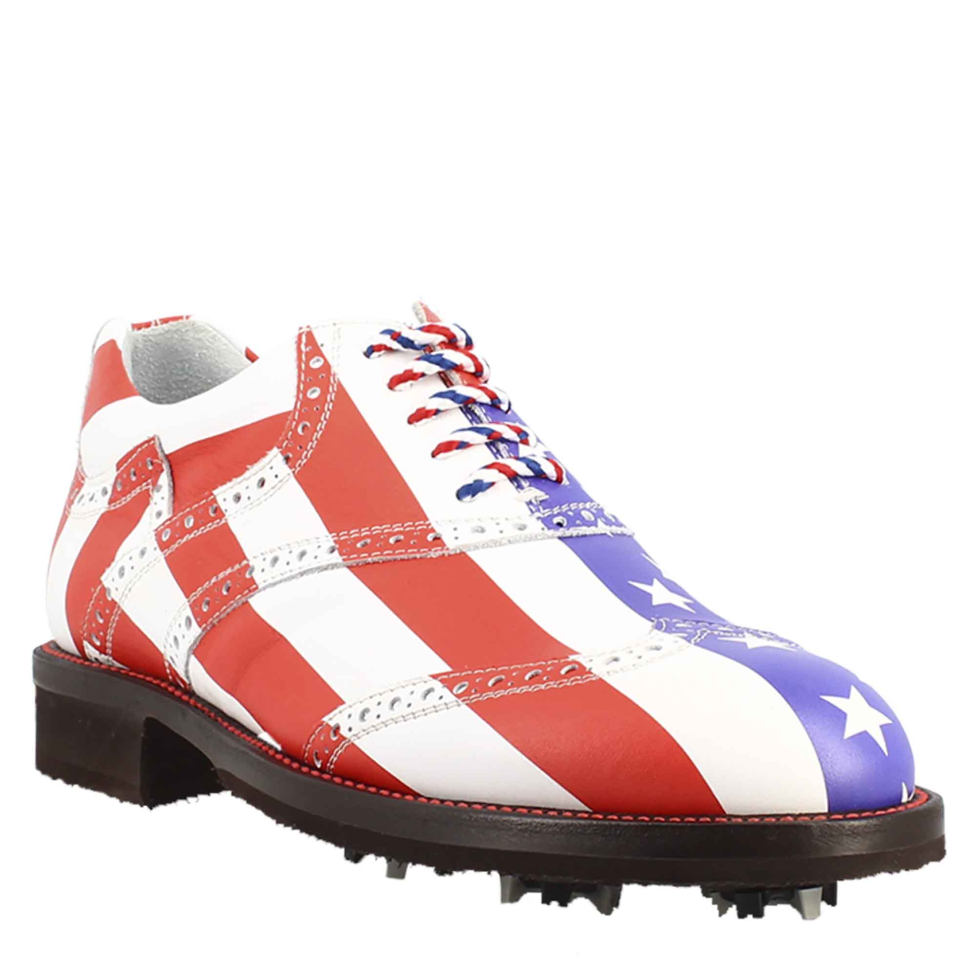 Scarpe da golf USA blu rosso e bianco dettagli brogue artigianali in pelle - LeonardoShoes
