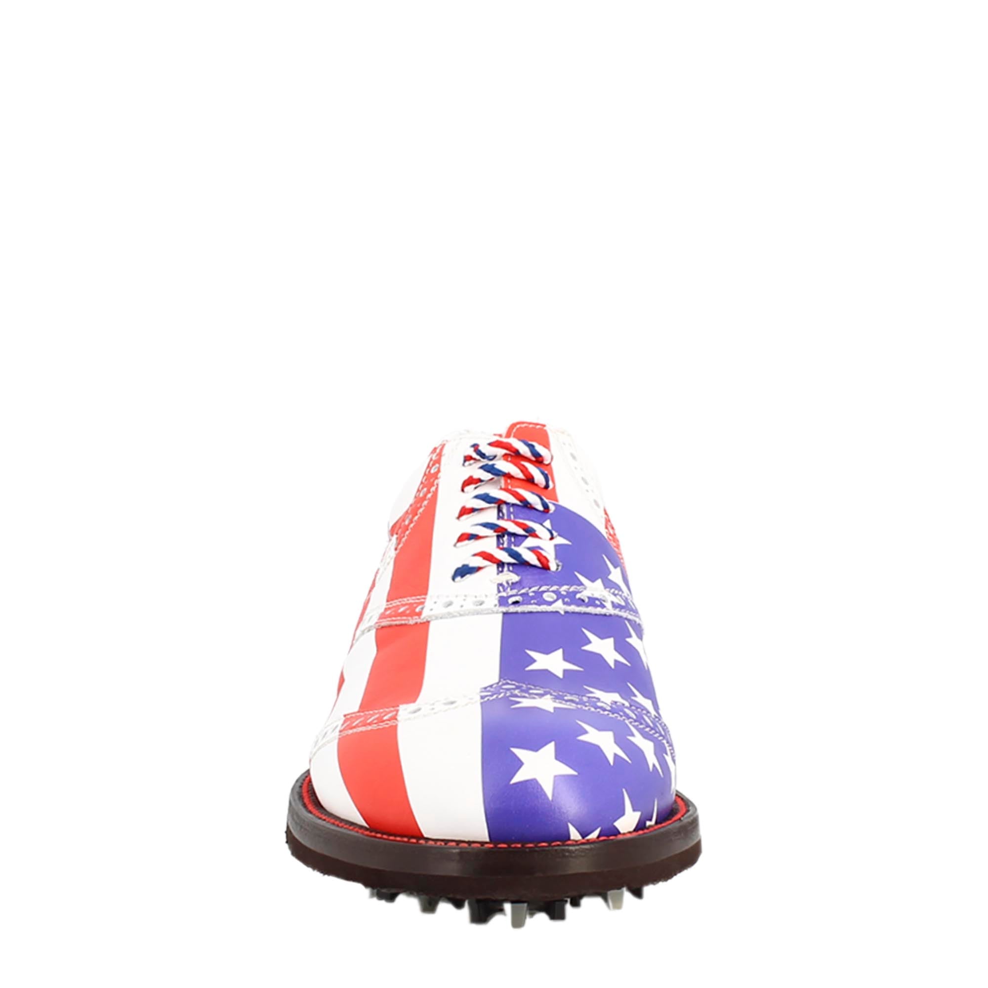 Scarpe da golf USA blu rosso e bianco dettagli brogue artigianali in pelle - LeonardoShoes