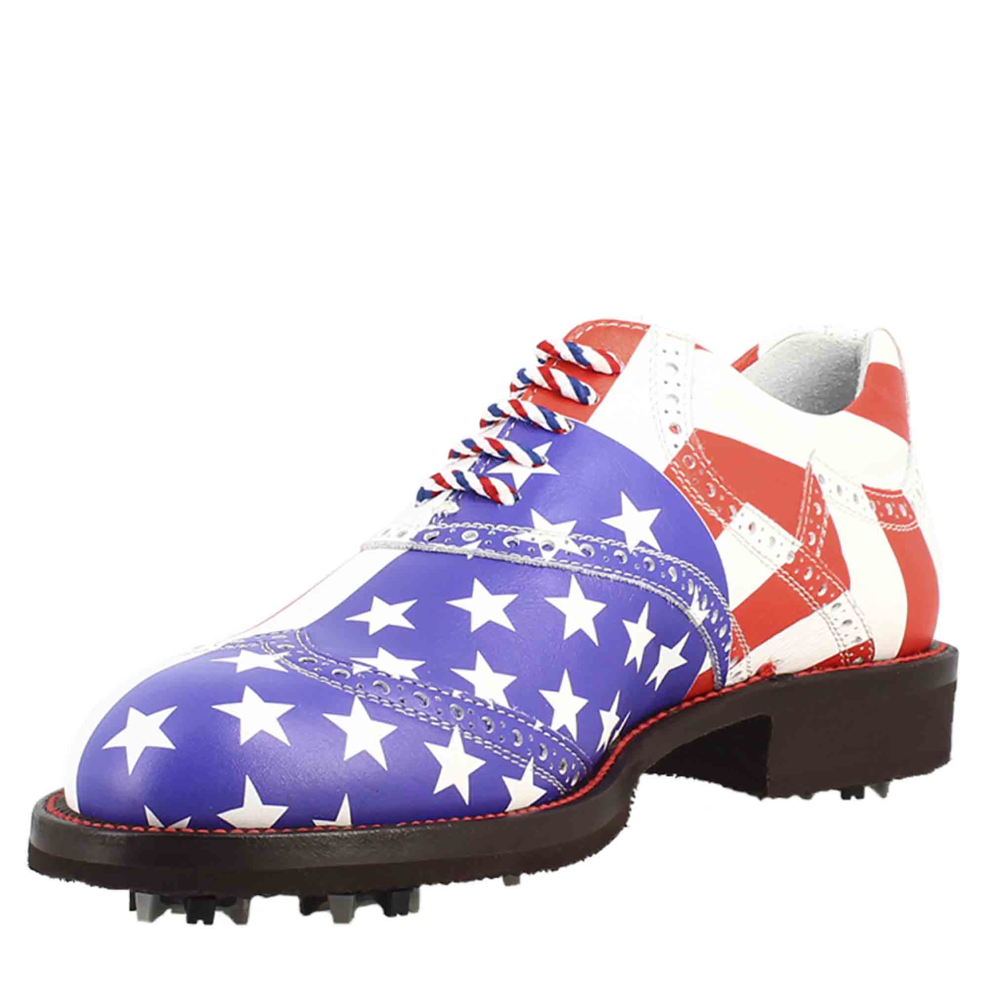 Scarpe da golf USA blu rosso e bianco dettagli brogue artigianali in pelle - LeonardoShoes