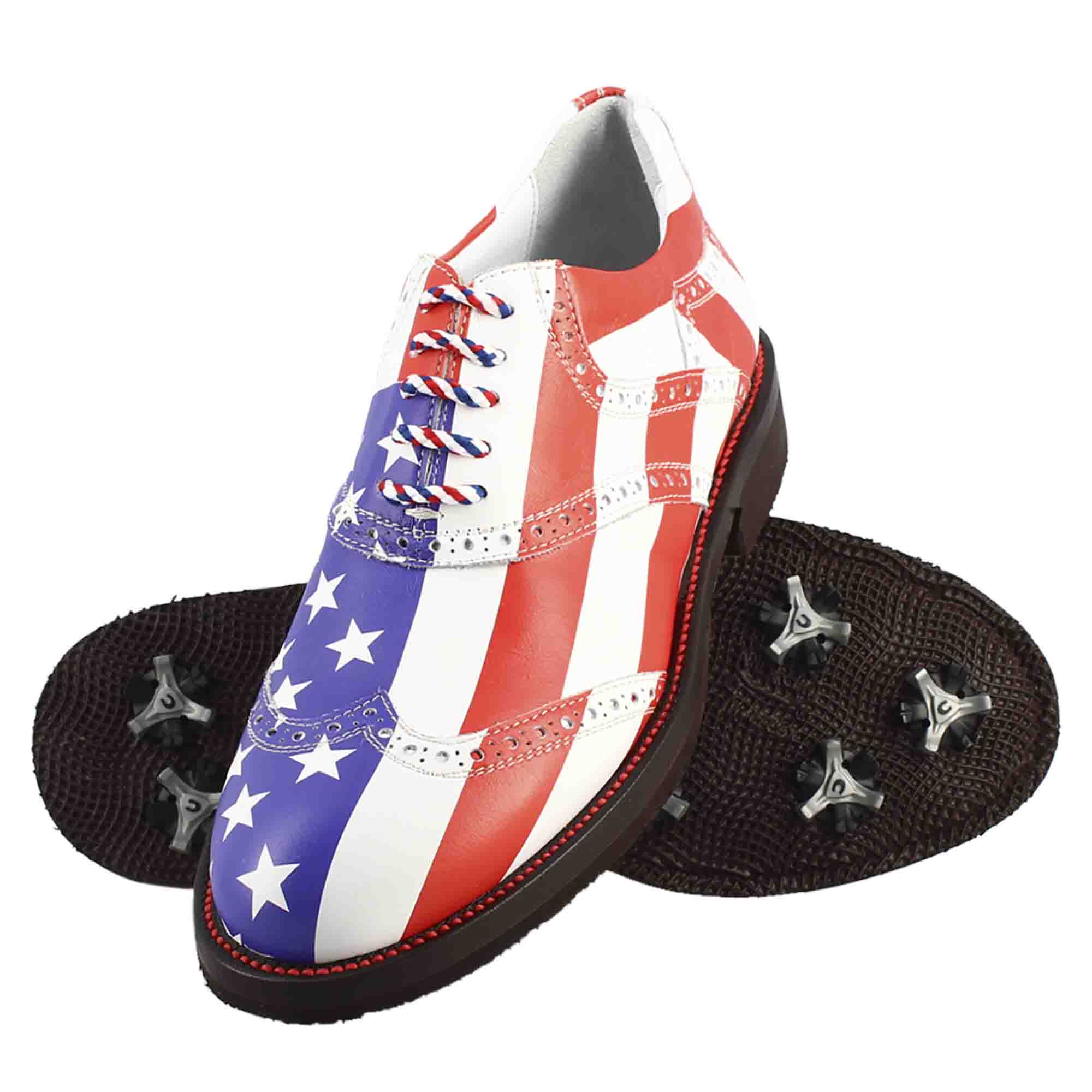 Scarpe da golf USA blu rosso e bianco dettagli brogue artigianali in pelle - LeonardoShoes