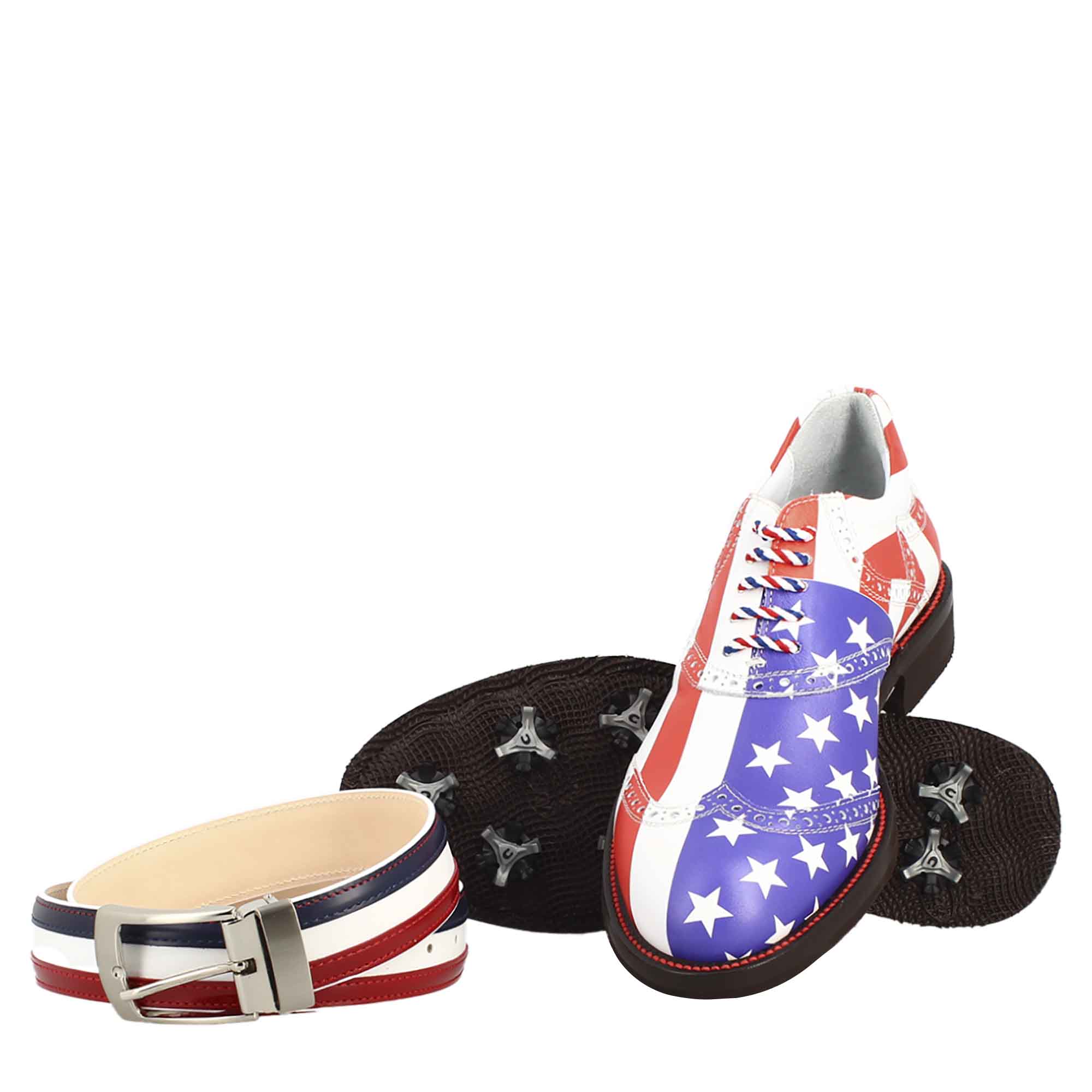 Scarpe da golf USA blu rosso e bianco dettagli brogue artigianali in pelle - LeonardoShoes
